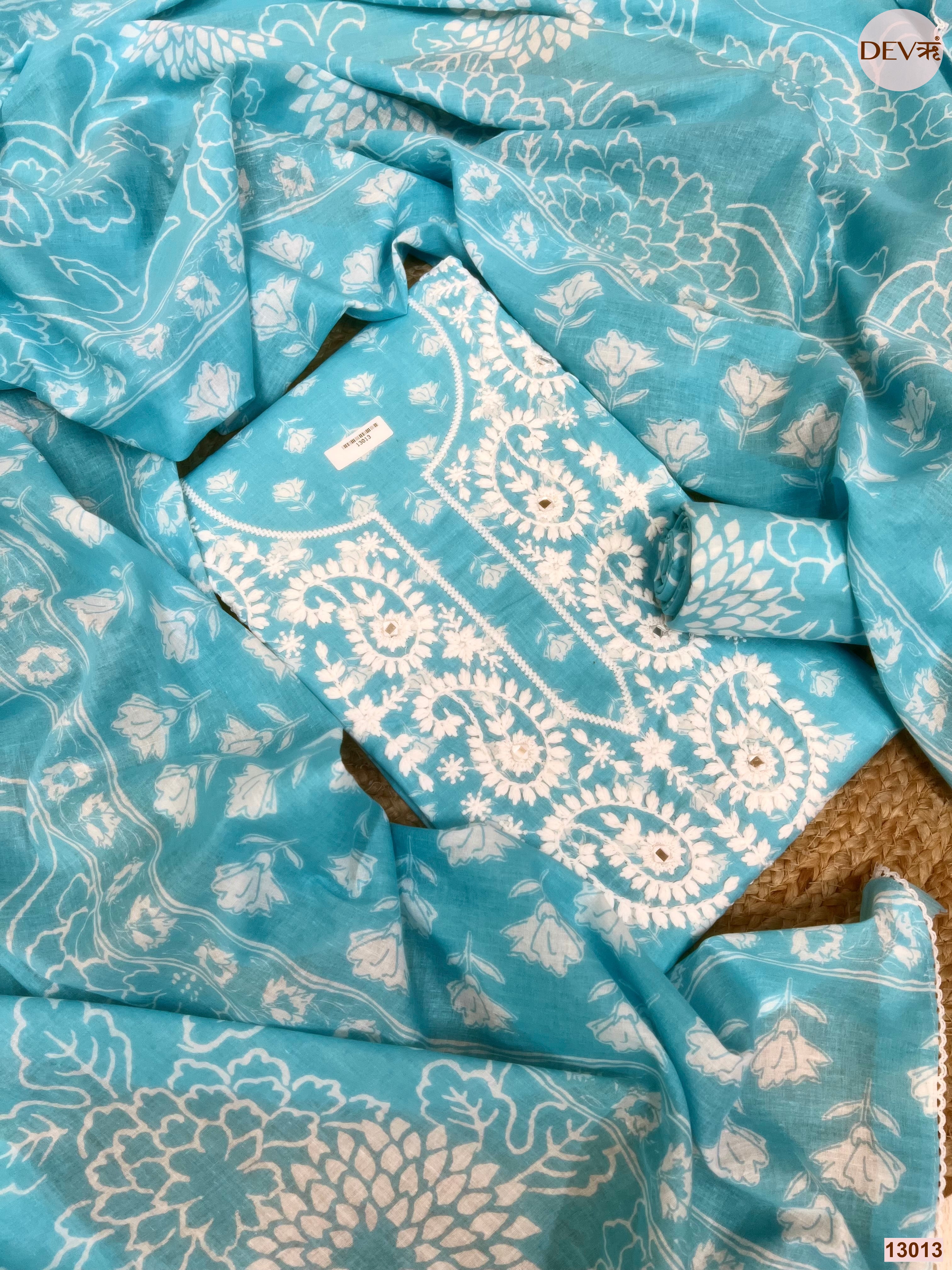 Blue Cotton Embroidered Unstitched 3-Piece Suit (Devri – D.No 13013)