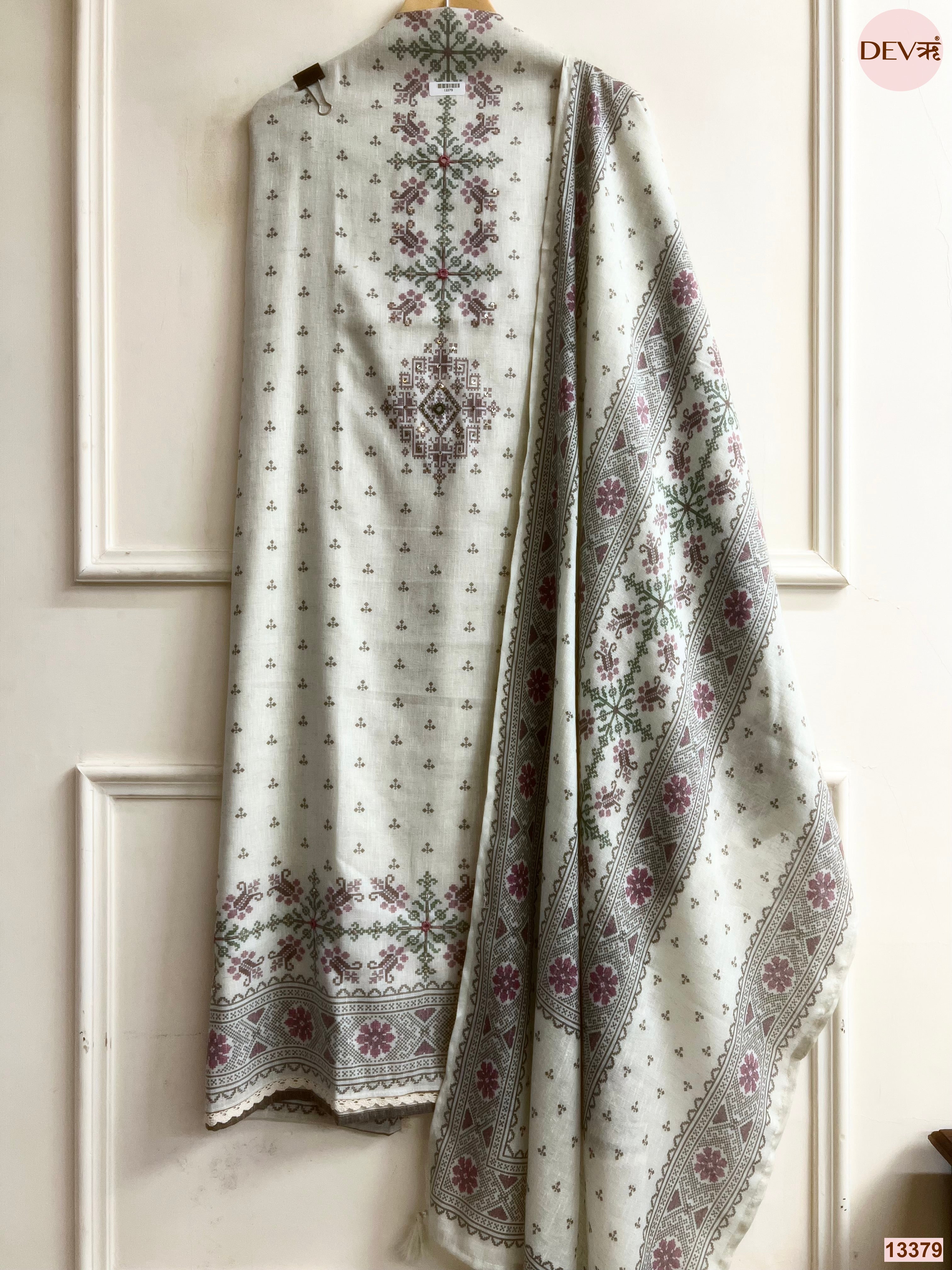 Off White Khadi Cotton Printed Unstitched 3-Piece Suit (Devri – D.No 13379)