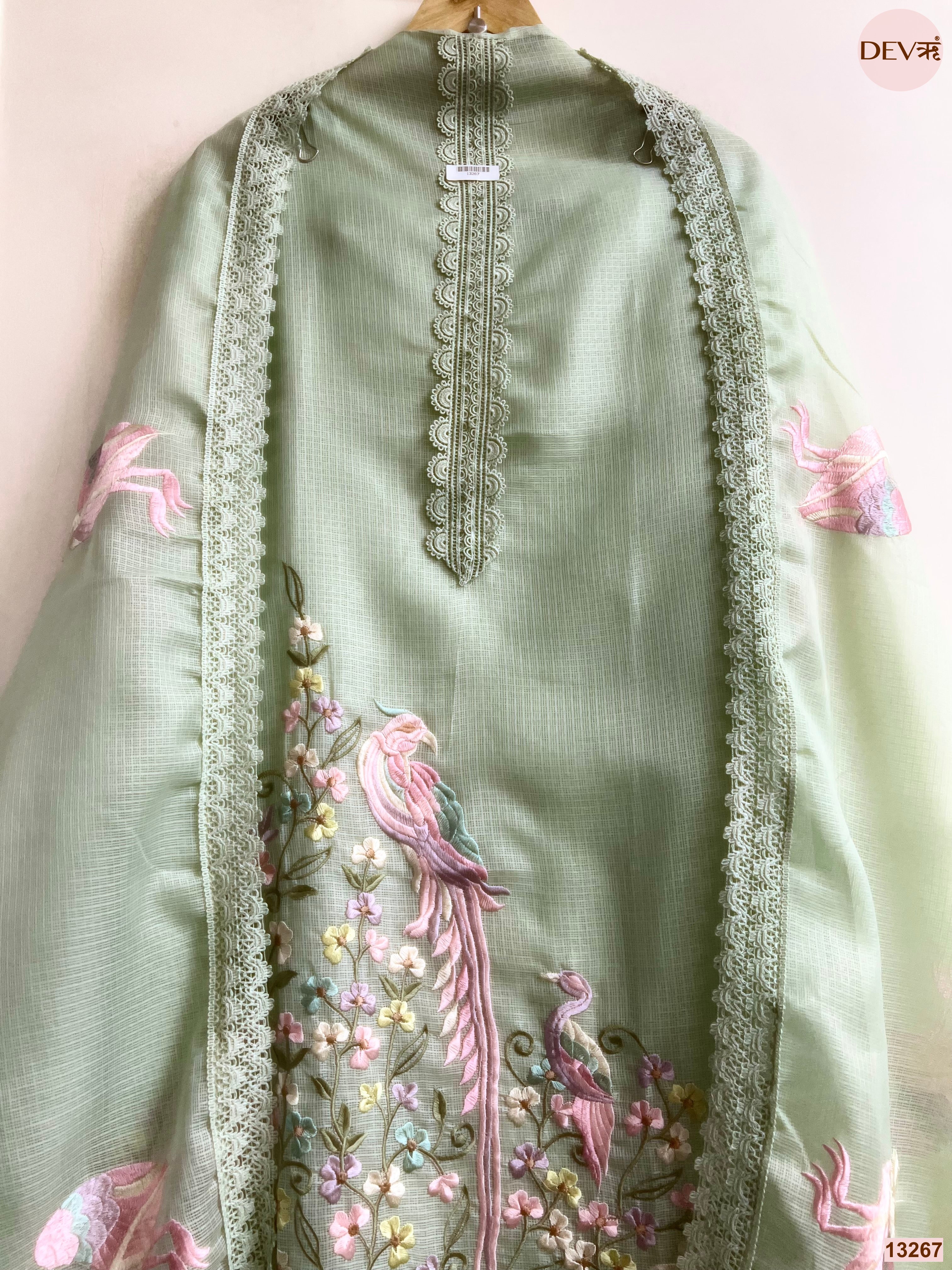 Sage Green Kota Cotton Embroidered Unstitched 3-Piece Suit (Devri – D.No 13267)