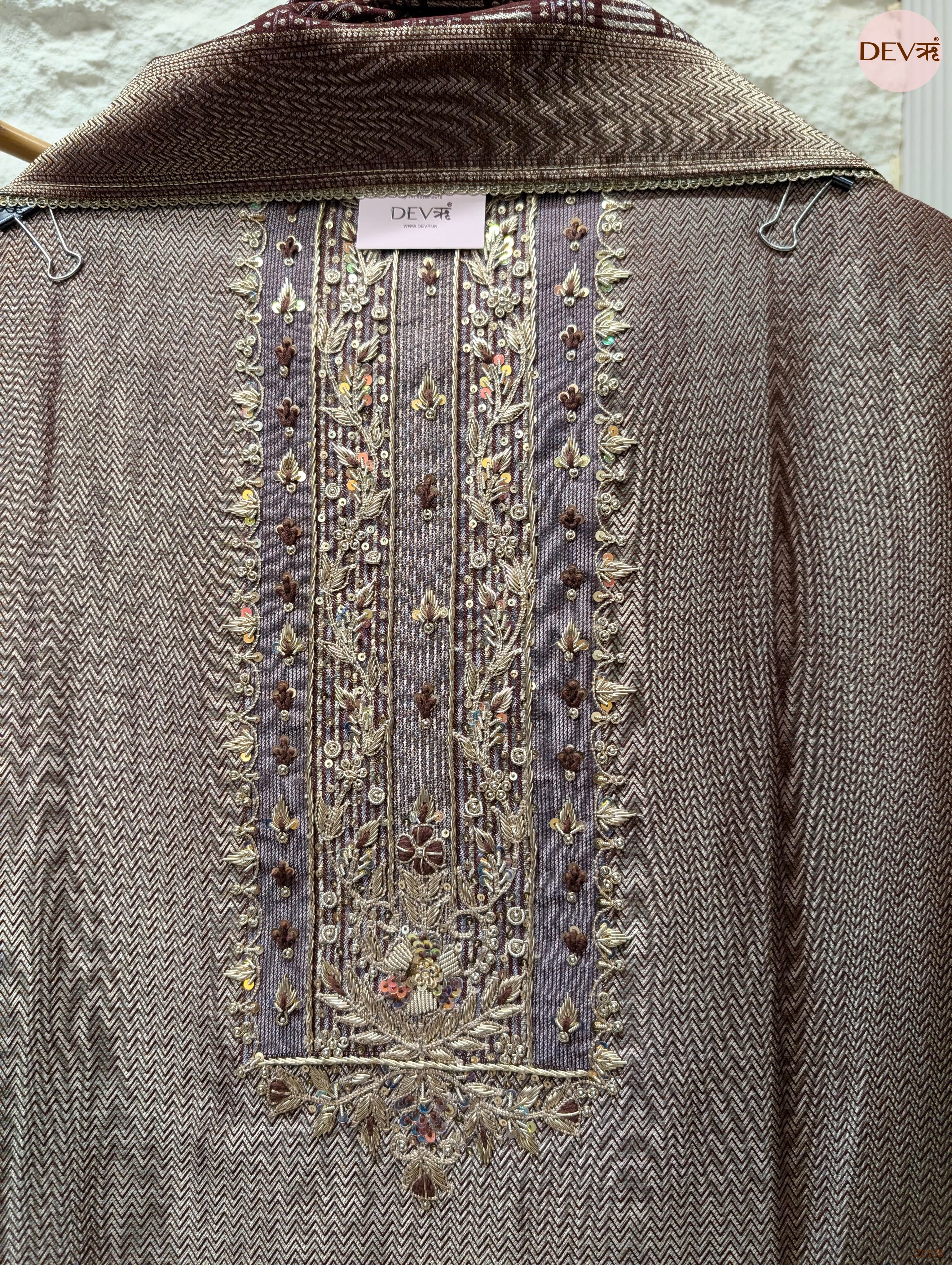 Brown Pure Giraffe Banarasi Silk Embroidered Unstitched 3-Piece Suit (Devri – D.No 21135)