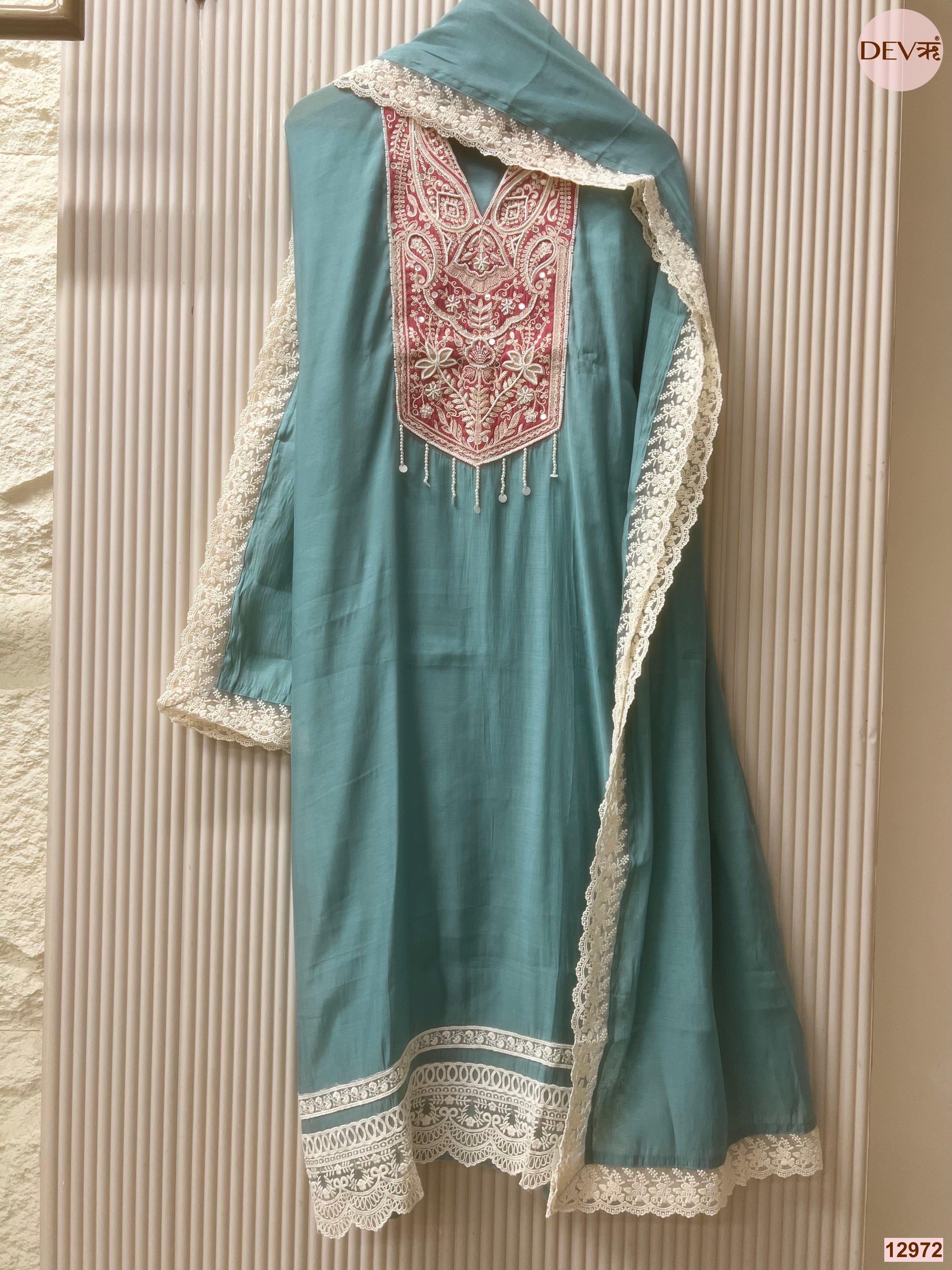 Teal Mul Chanderi Embroidered Unstitched 3-Piece Suit (Devri – D.No 12972)