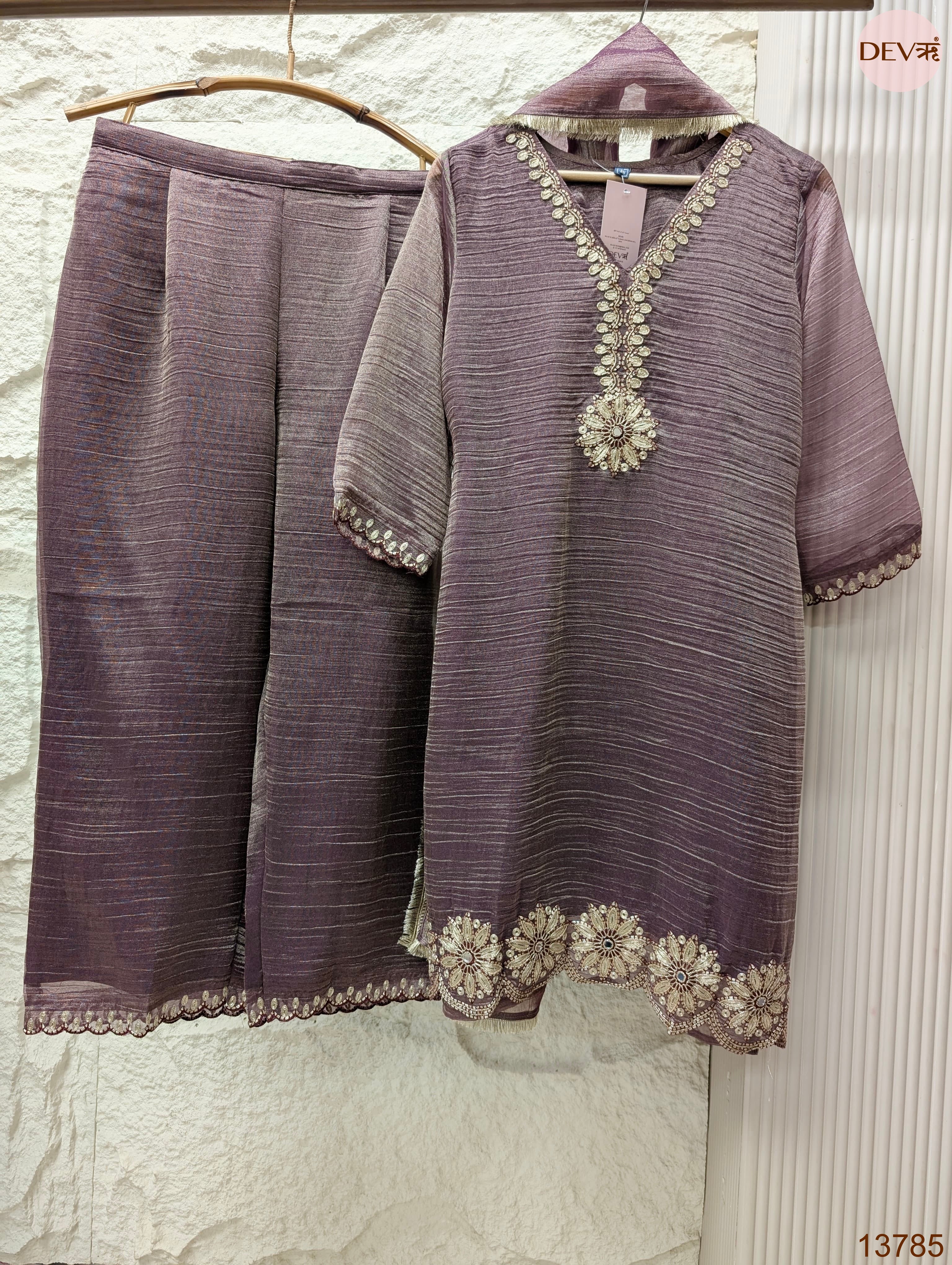 Varnika Tissue crush silk Embroidered Mauve 3-Piece Set (Devri – D.No 13785)