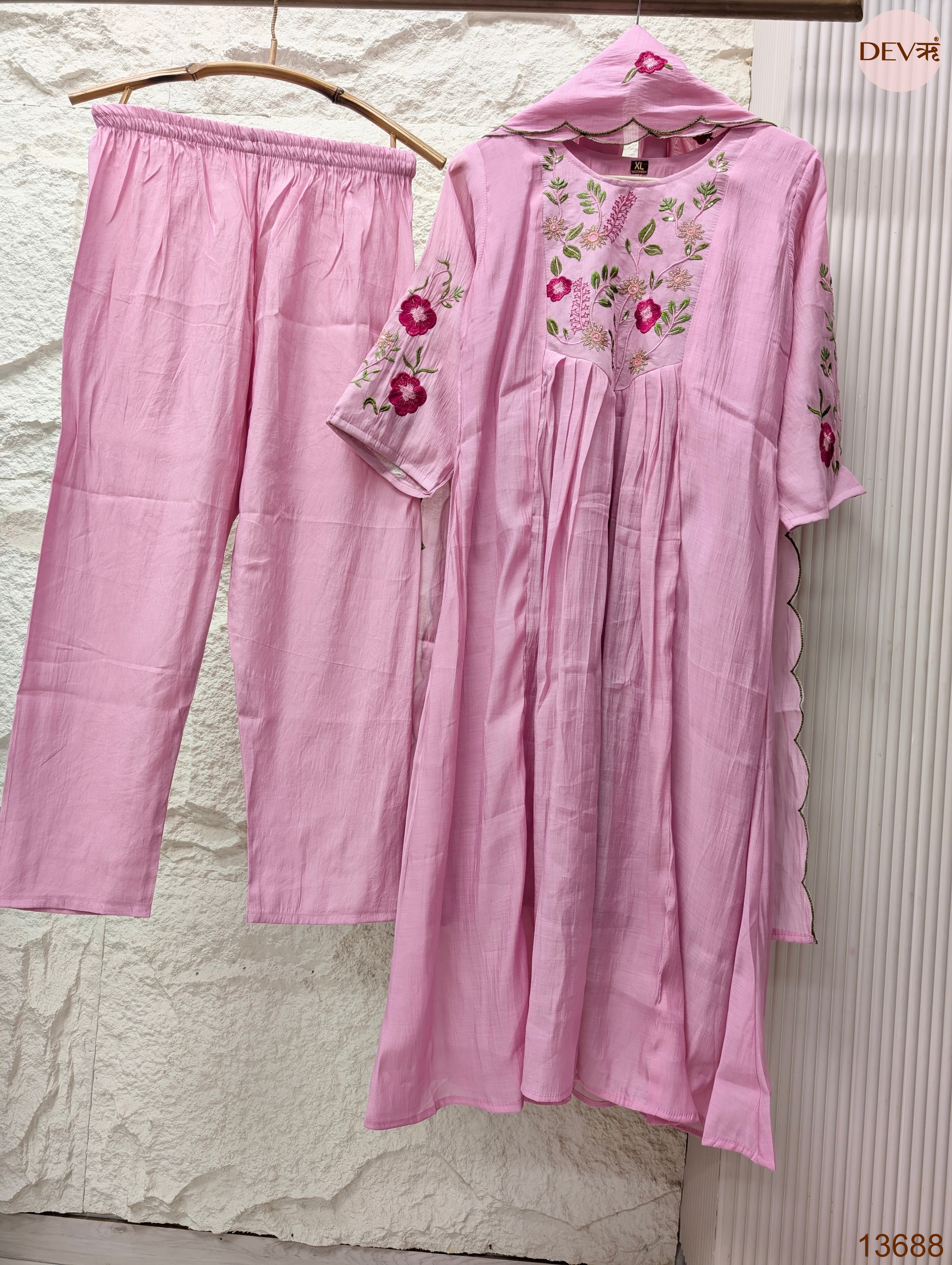 Gulnaar Mul Chanderi Embroidered Pink 3-Piece Set (Devri – D.No 13688)