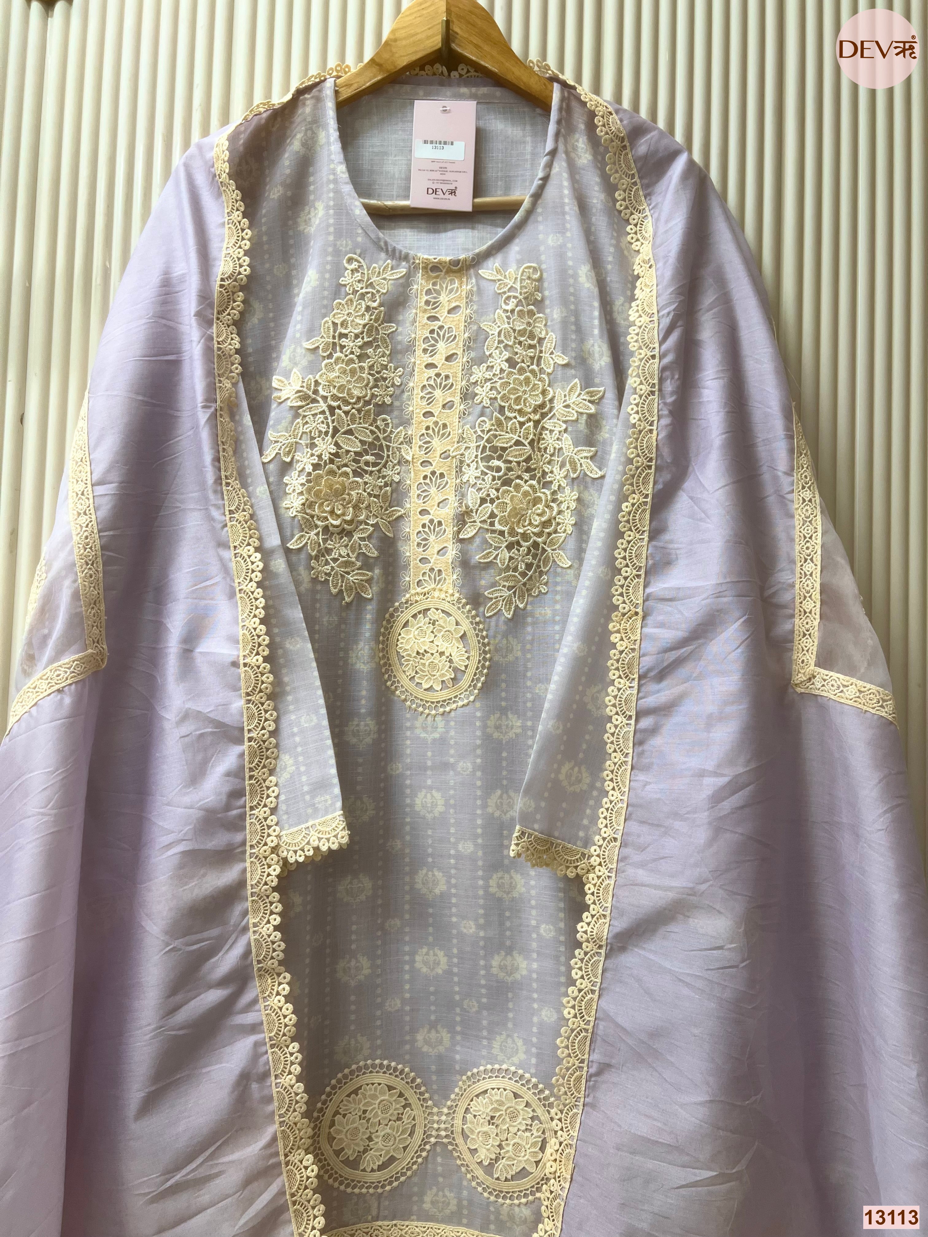 Lavender Linen Cotton Embroidered Unstitched 3-Piece Suit (Devri – D.No 13113)