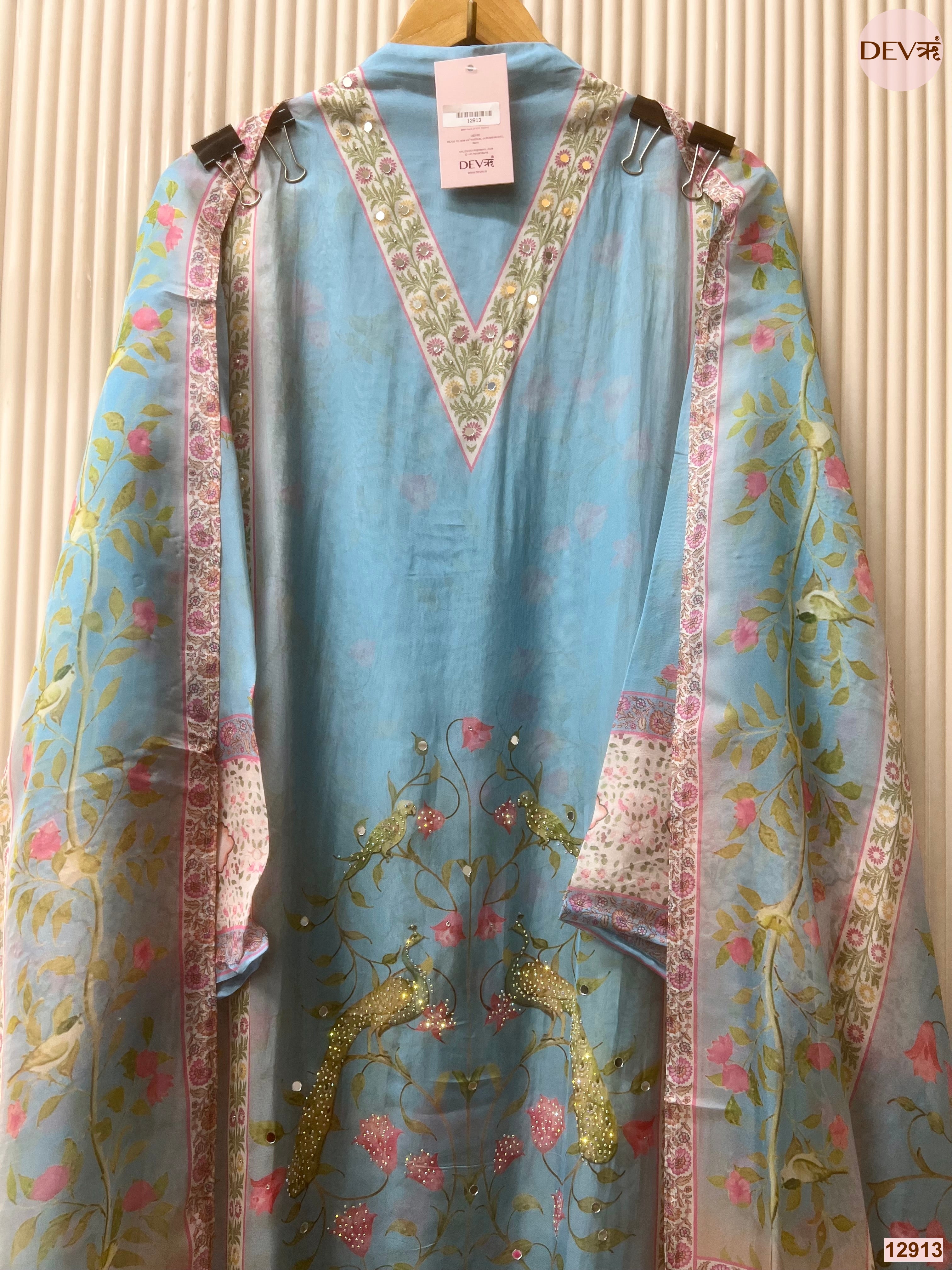 Blue Organza Printed Unstitched 3-Piece Suit (Devri – D.No 12913)