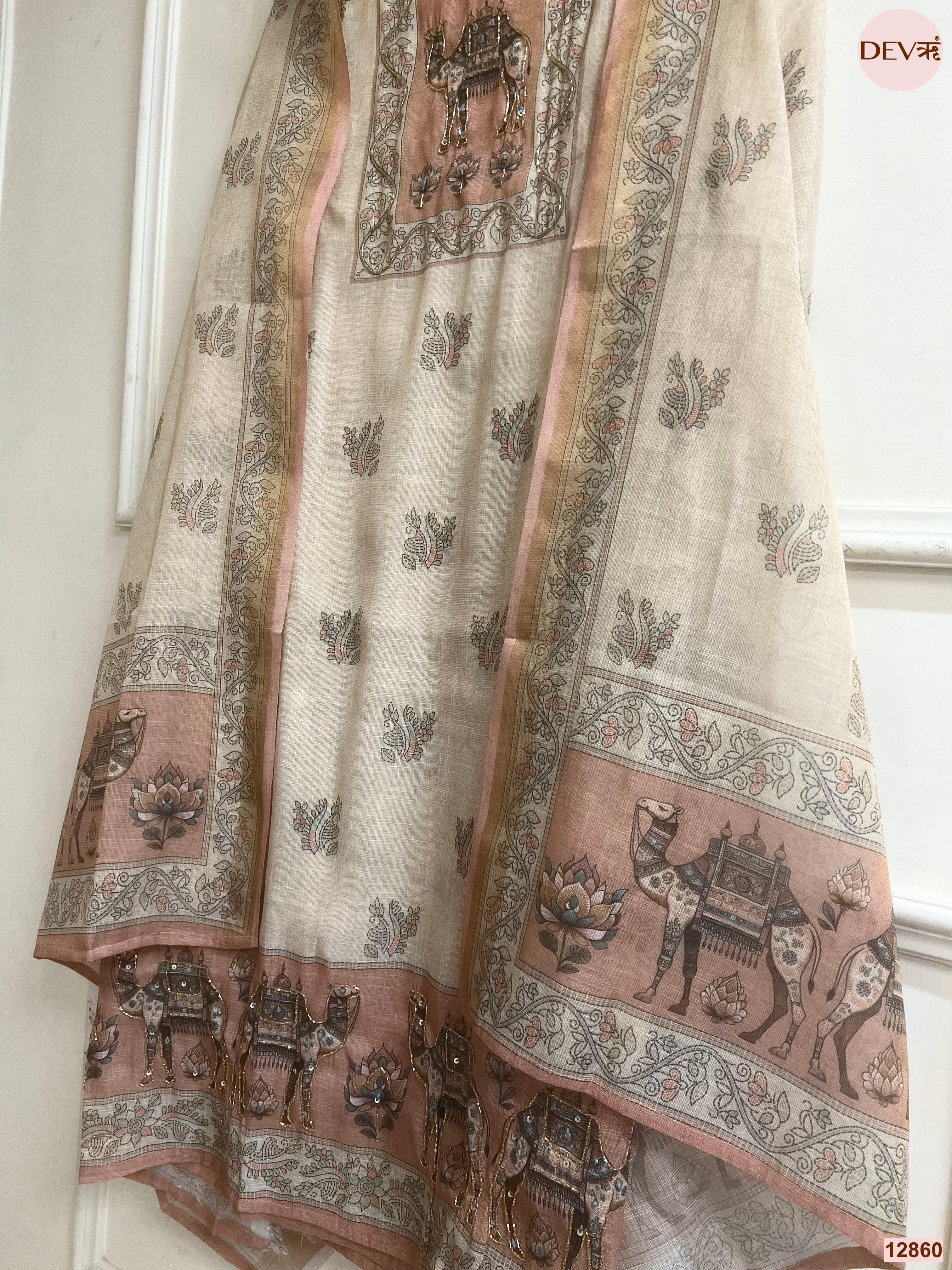 Beige Linen Cotton Printed Unstitched 3-Piece Suit (Devri – D.No 12860)