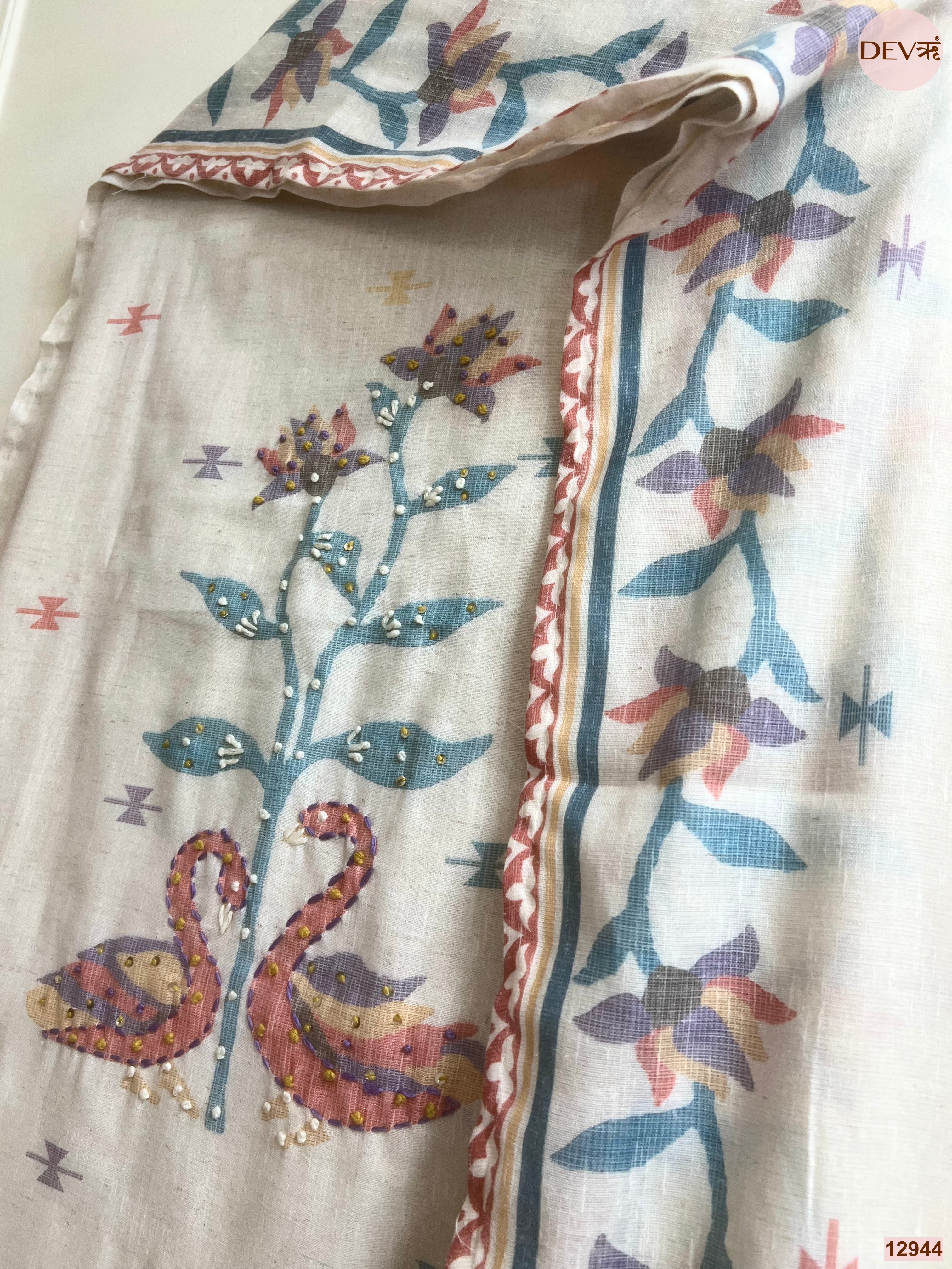 Off White Cotton Khadi Printed Unstitched 3-Piece Suit (Devri – D.No 12944)