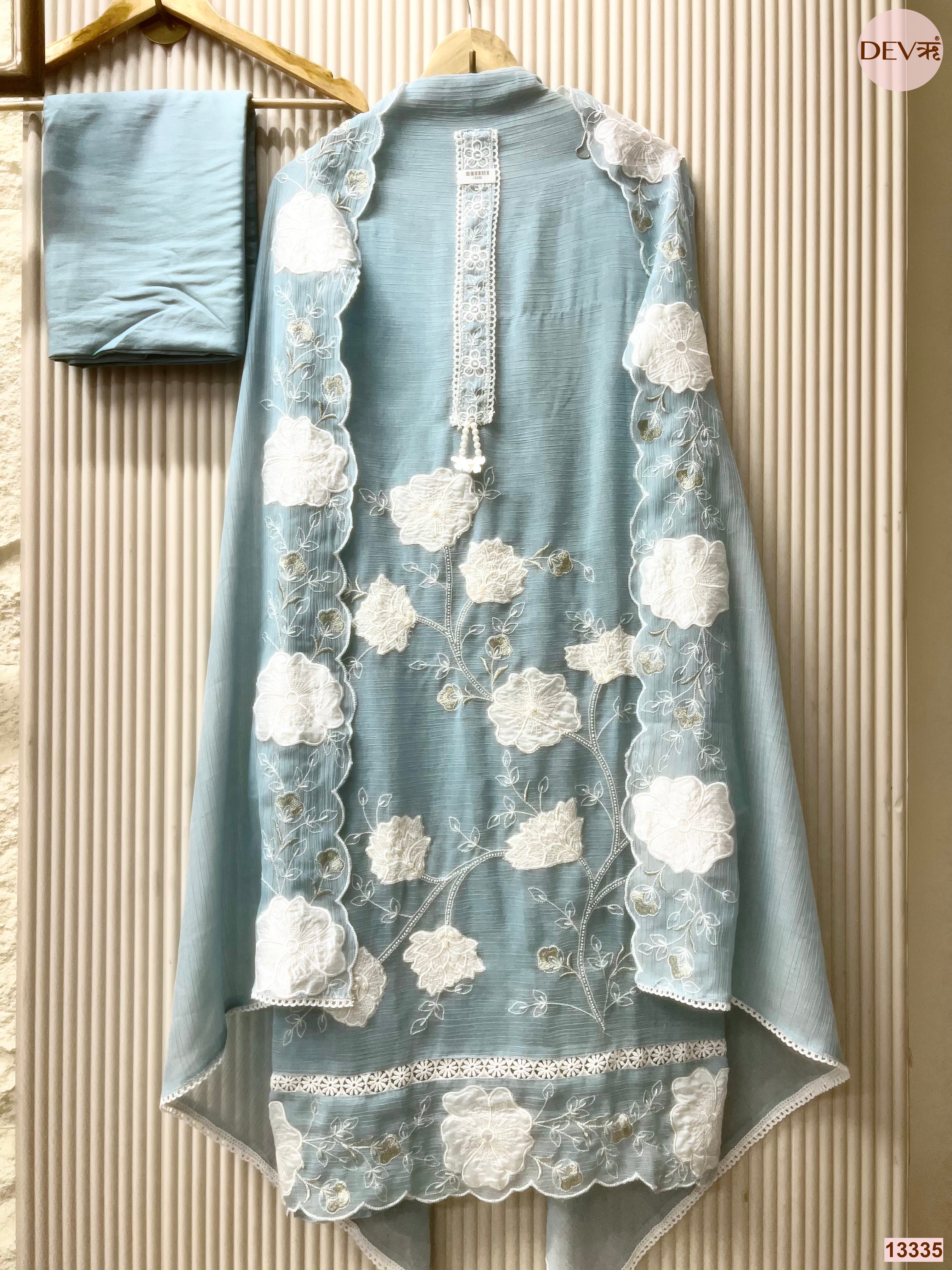 Blue Mul Chanderi Crush Embroidered Unstitched 3-Piece Suit (Devri – D.No 13335)