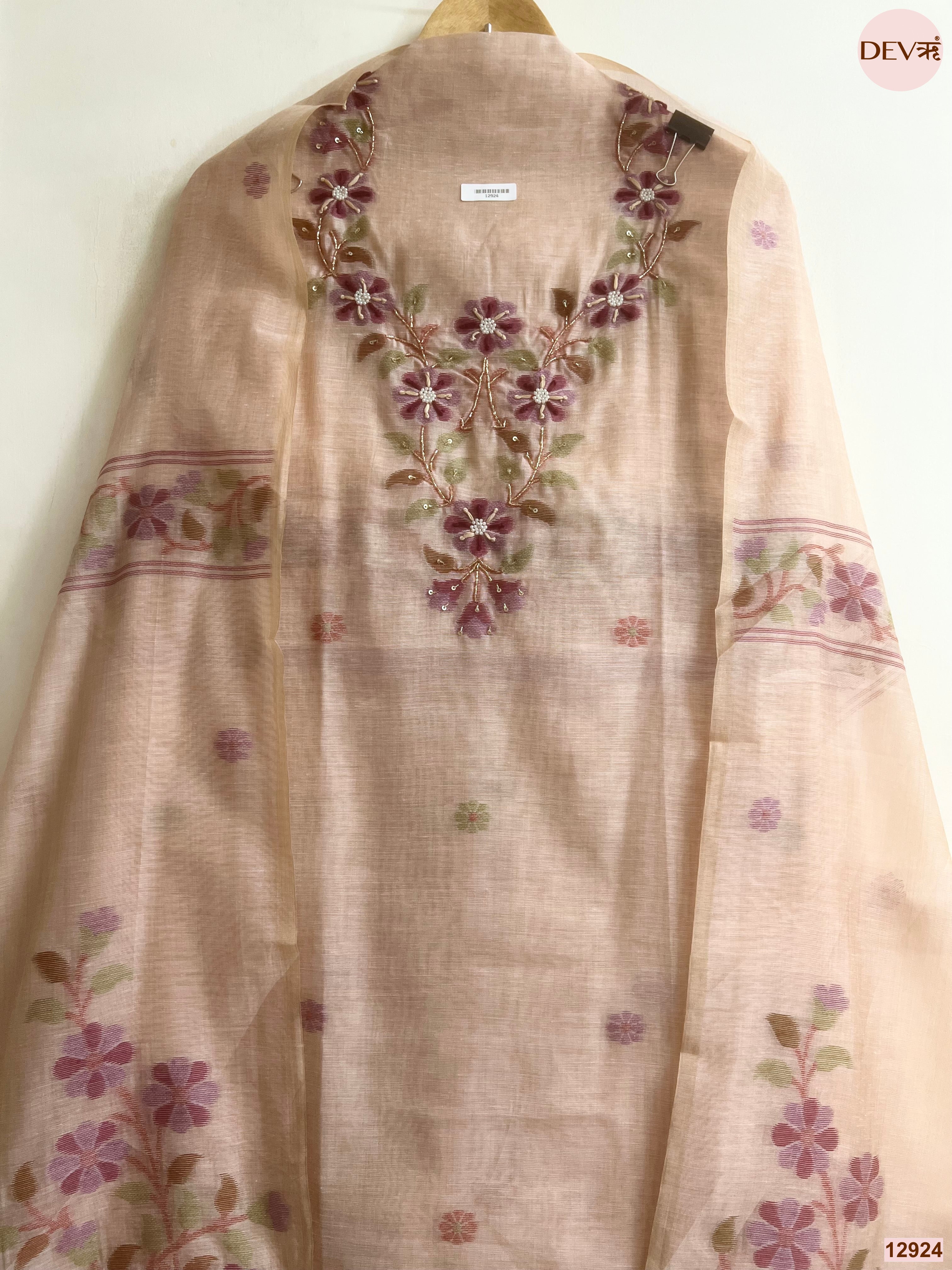 Peach Jamdani Cotton Embroidered Unstitched 3-Piece Suit (Devri – D.No 12924)