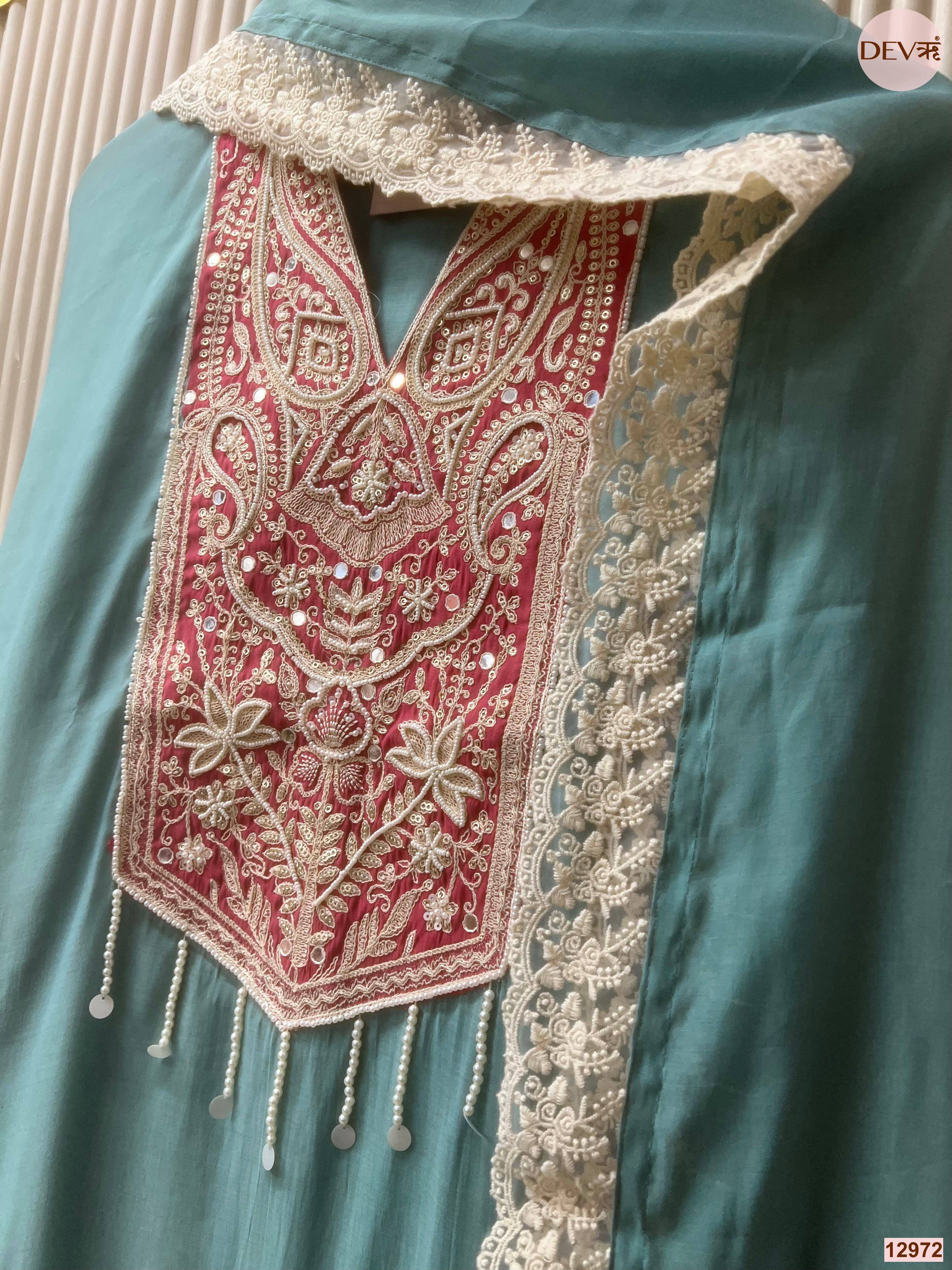 Teal Mul Chanderi Embroidered Unstitched 3-Piece Suit (Devri – D.No 12972)