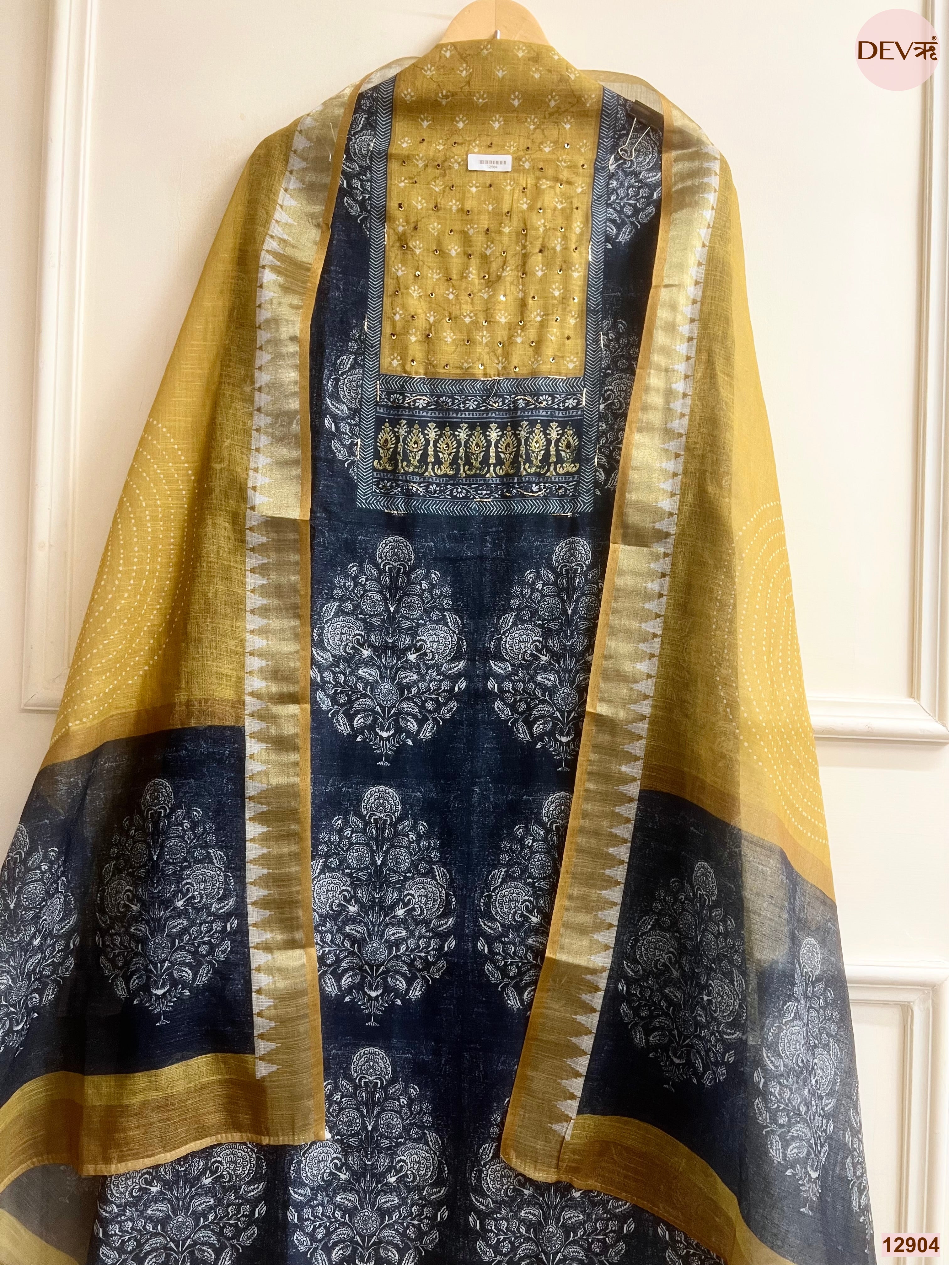 Mustard Linen Cotton Printed Unstitched 3-Piece Suit (Devri – D.No 12904)