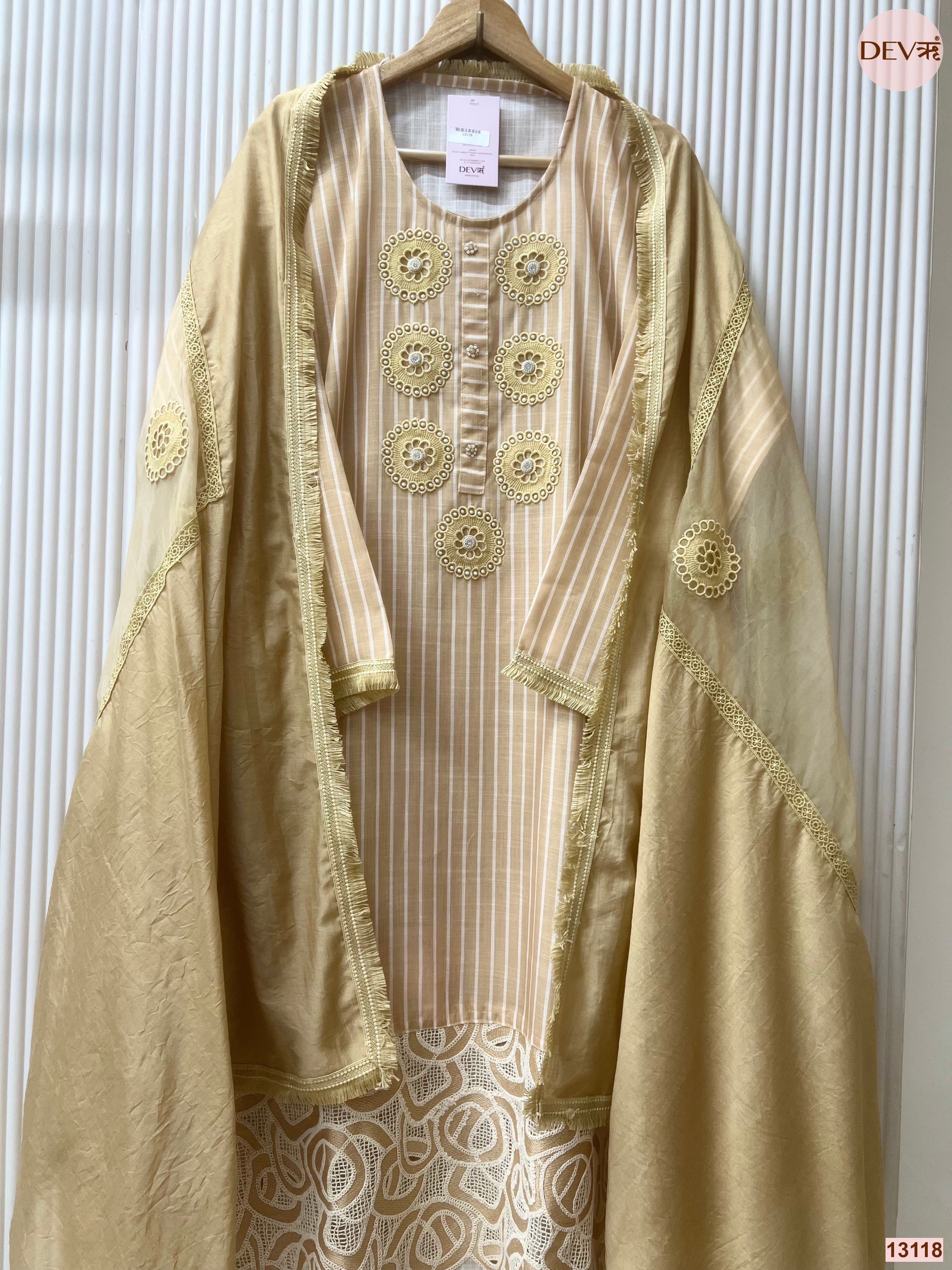 Beige Linen Cotton Embroidered Unstitched 3-Piece Suit (Devri – D.No 13118)