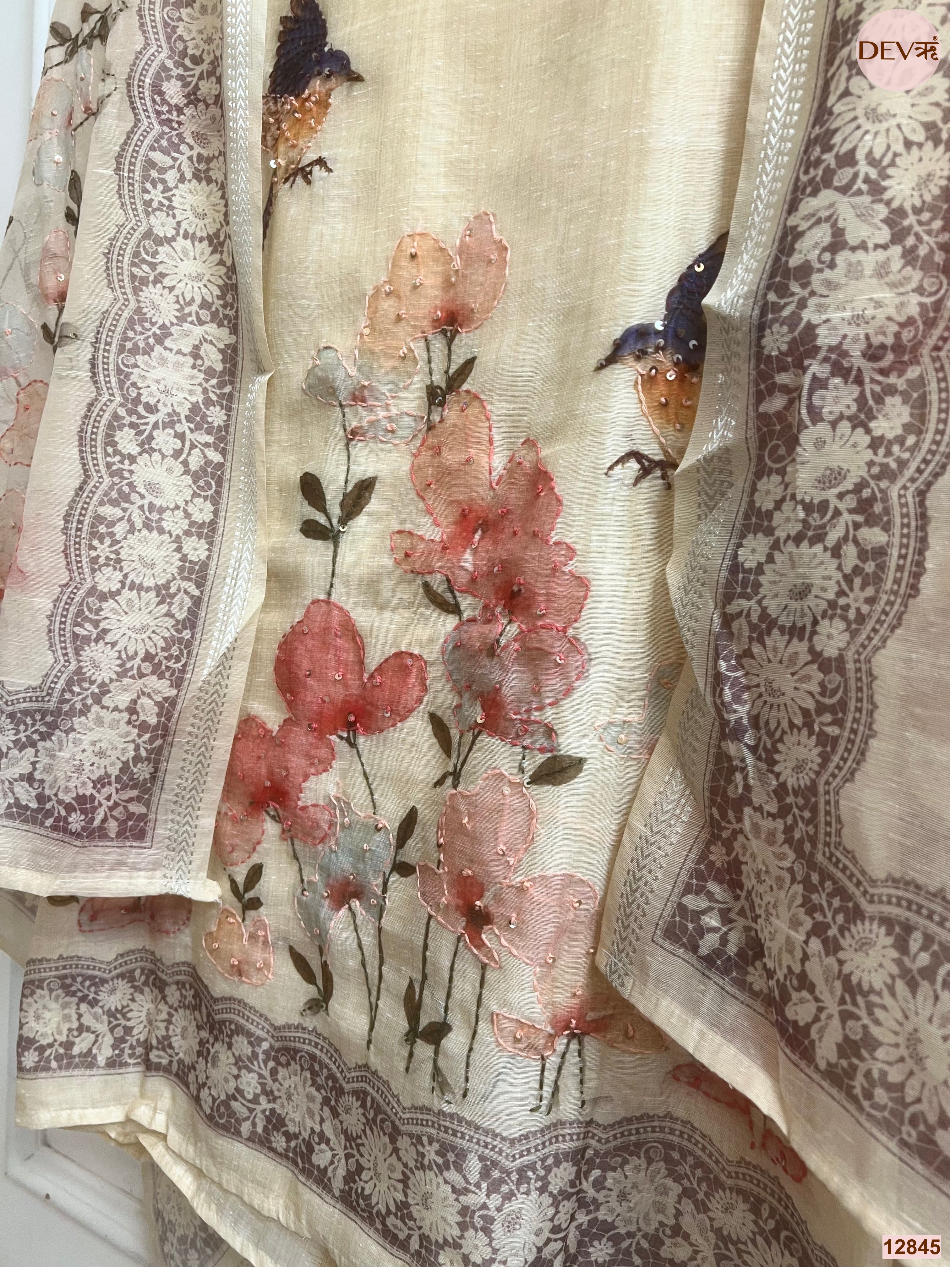 Cream Mul Chanderi Printed Unstitched 3-Piece Suit (Devri – D.No 12845)