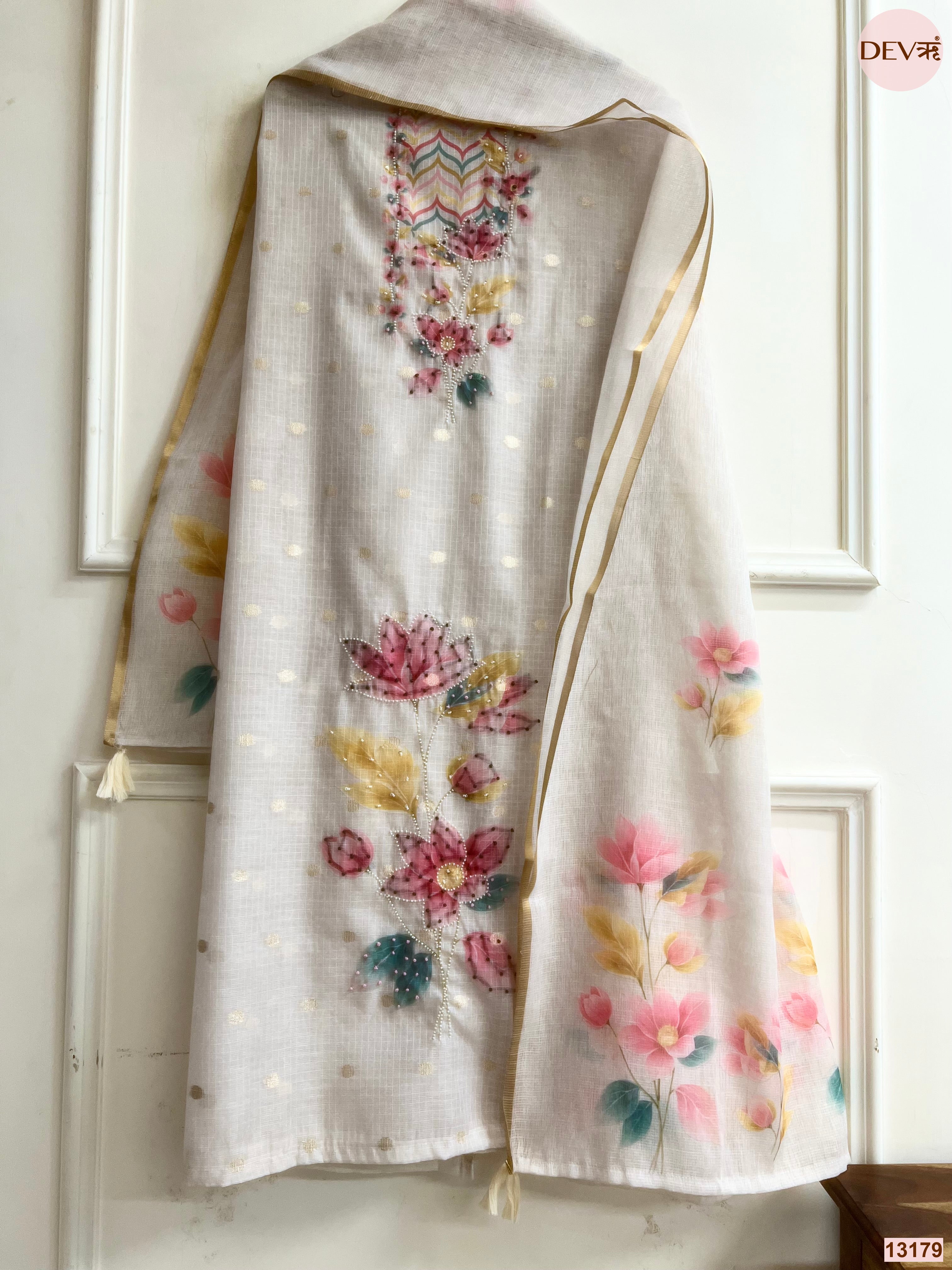 Off White Kota Printed Unstitched 3-Piece Suit (Devri – D.No 13179)