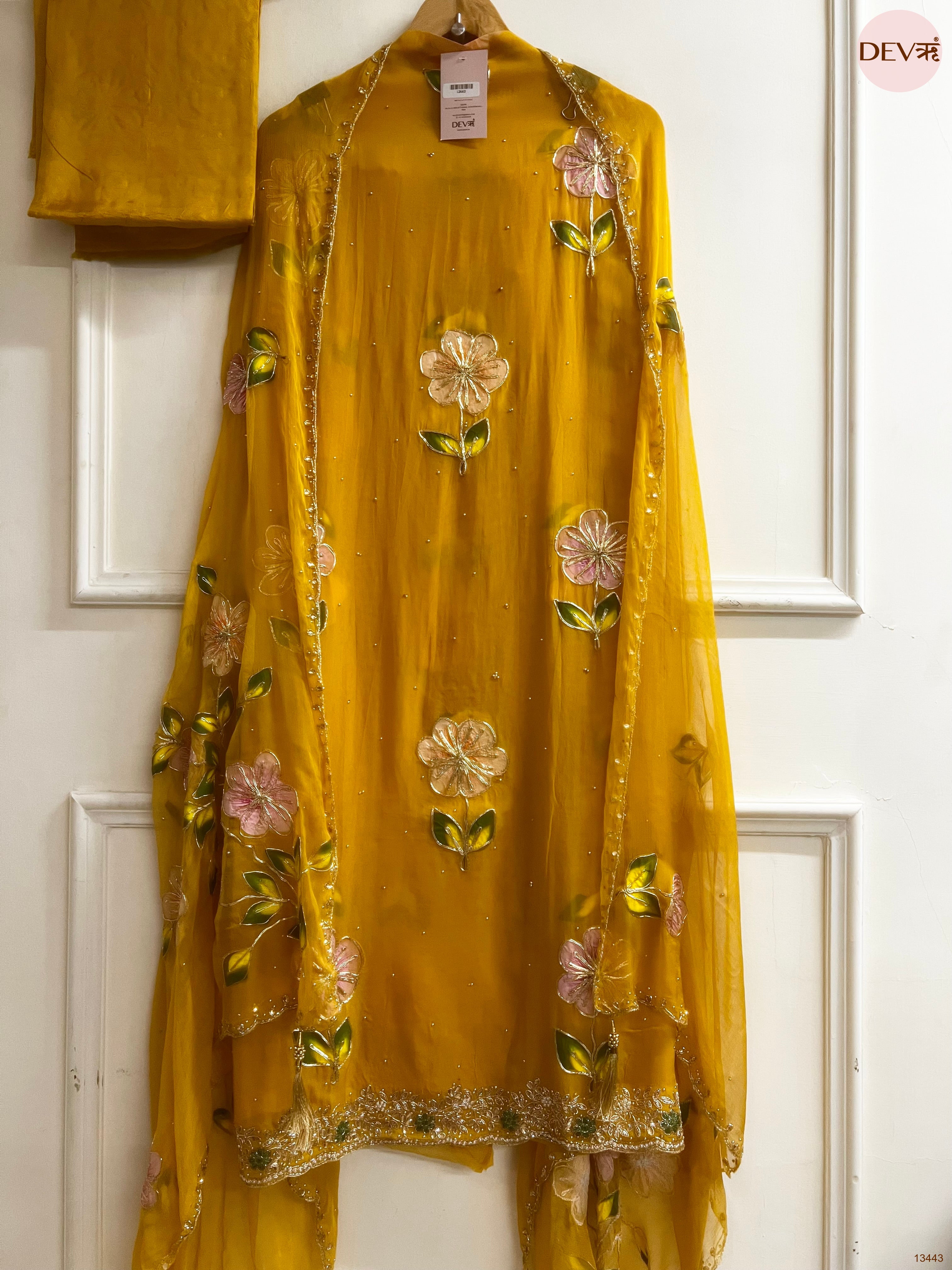 Mustard Handwork viscose organza Unstitched 3-Piece Suit (Devri – D.No 13443)