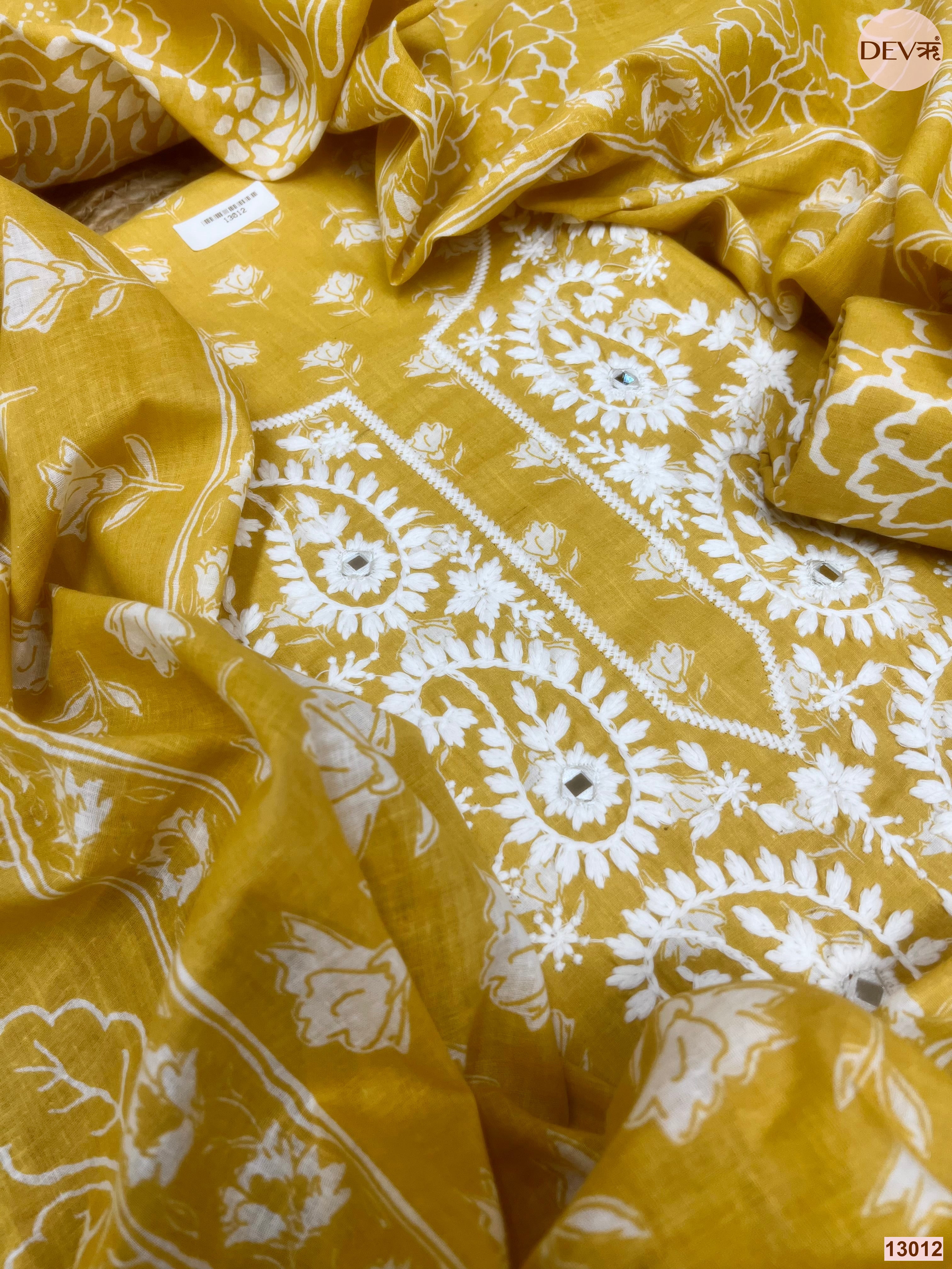 Mustard Cotton Embroidered Unstitched 3-Piece Suit (Devri – D.No 13012)