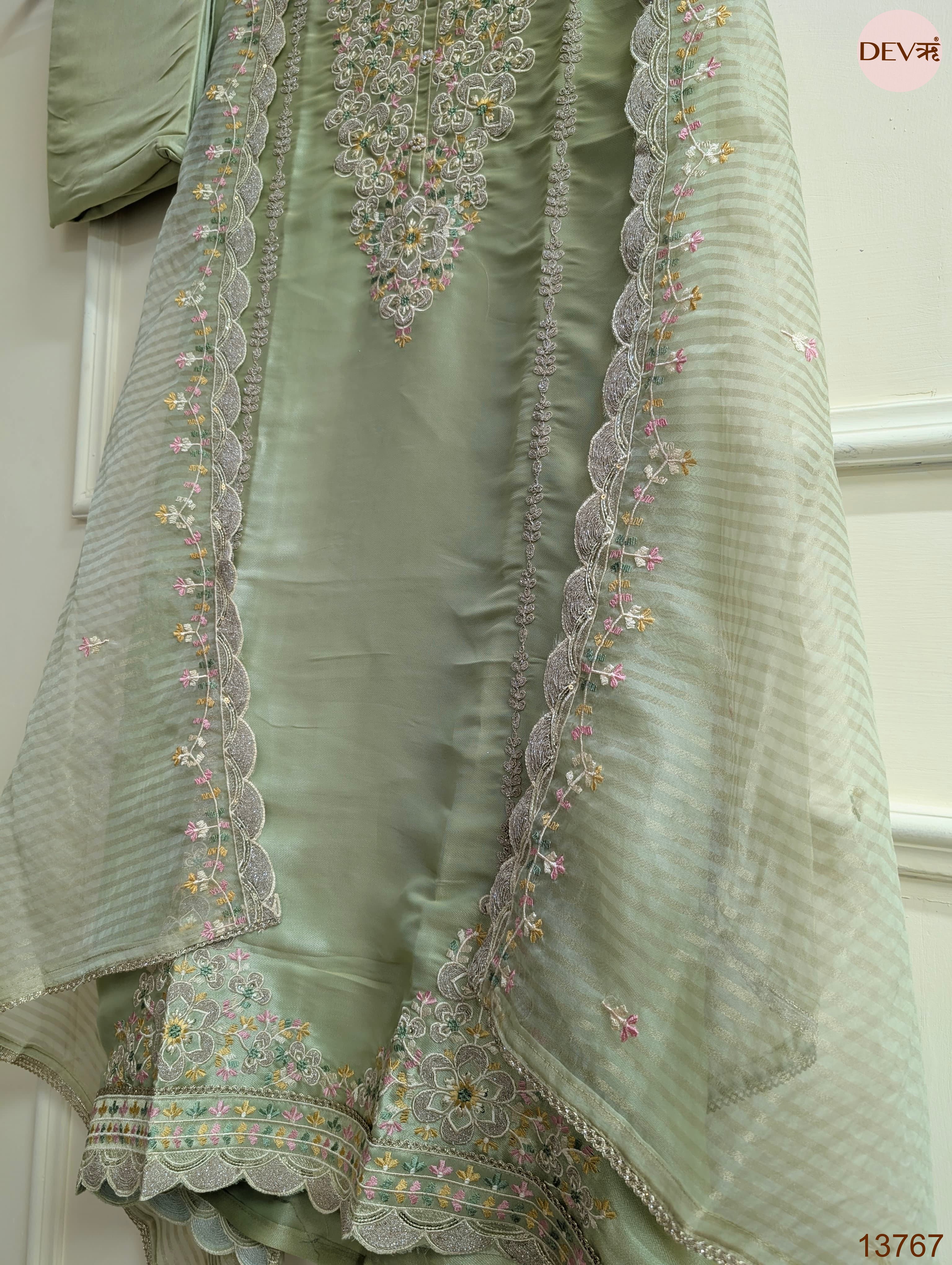 Sage Tissue Silk Embroidered Unstitched 3-Piece Suit (Devri – D.No 13767)