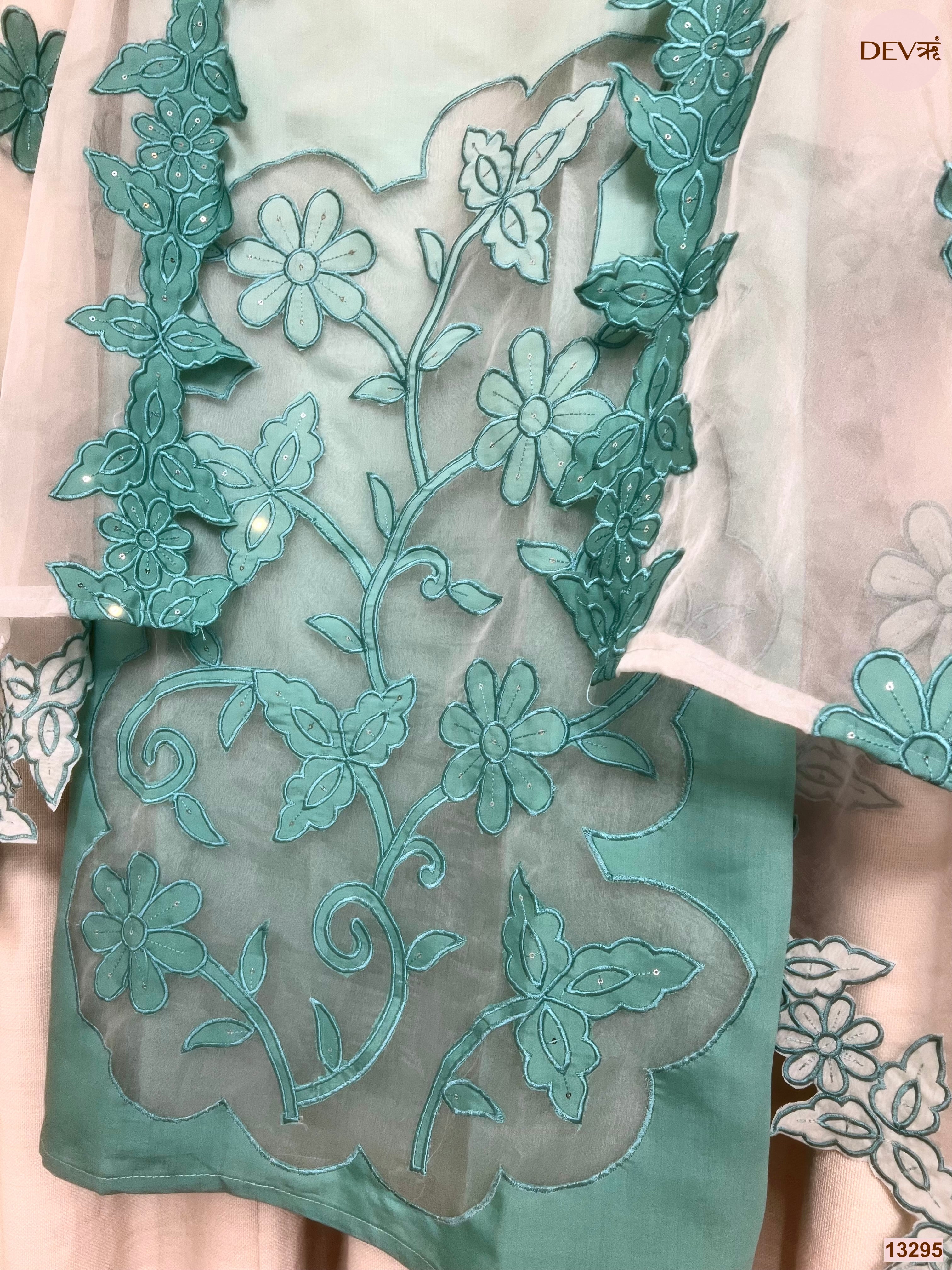 Aqua Mul Chanderi Embroidered Unstitched 3-Piece Suit (Devri – D.No 13295)