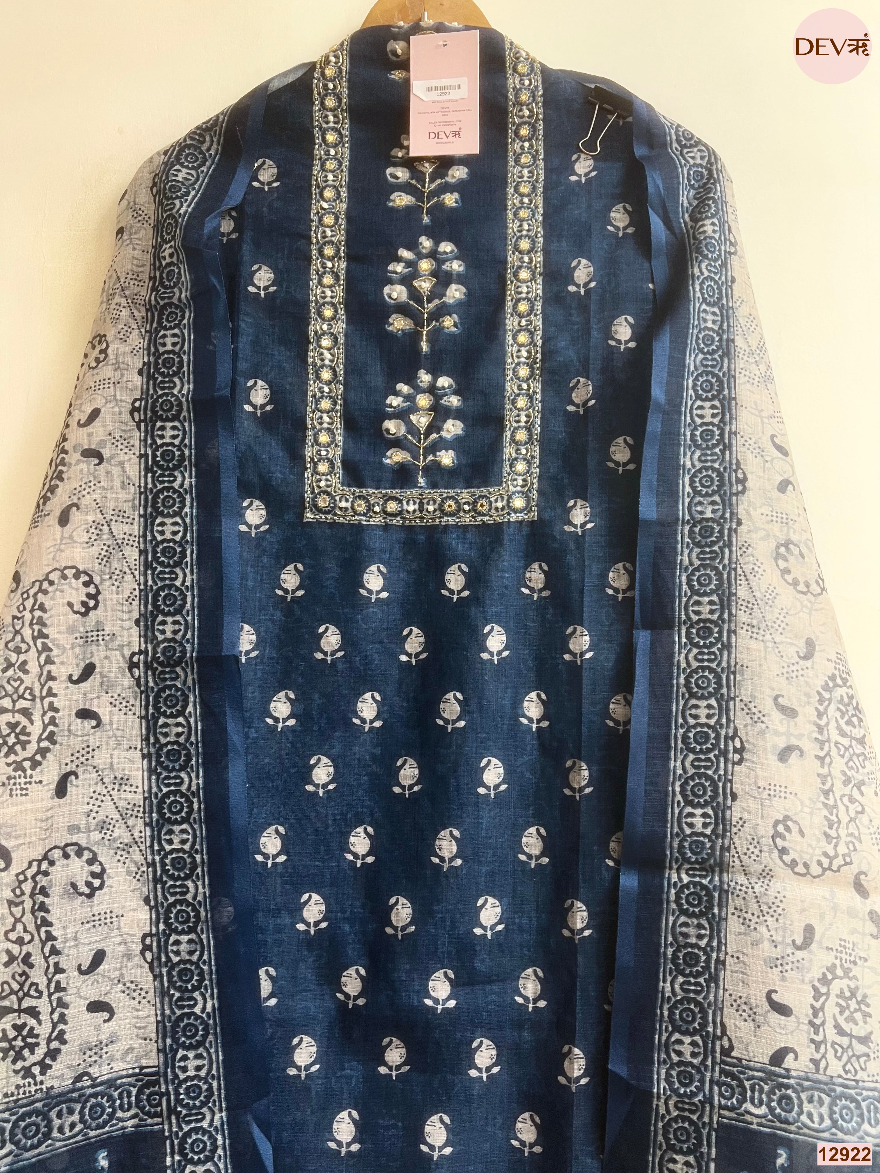 Navy Linen Cotton Printed Unstitched 3-Piece Suit (Devri – D.No 12922)