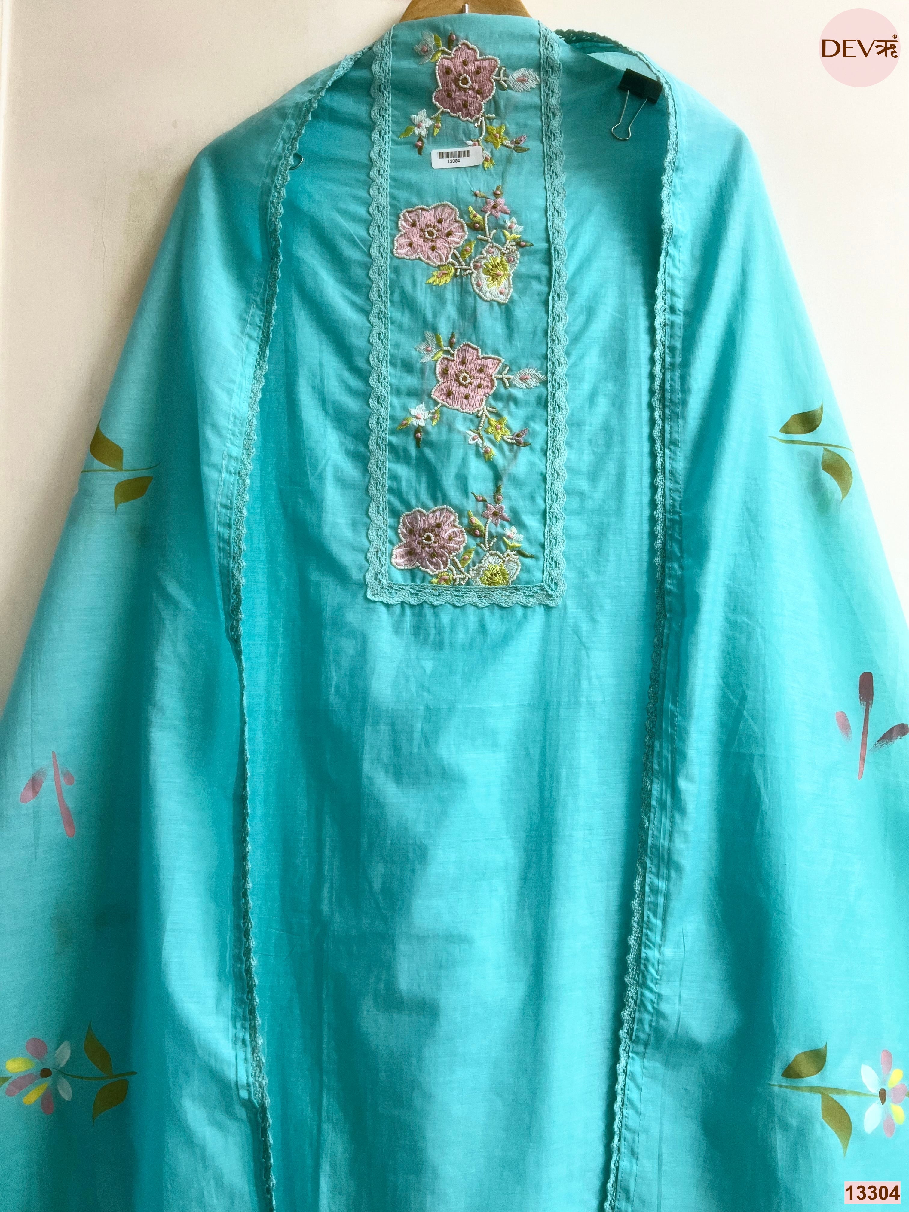 Turquoise Mul Cotton Embroidered Unstitched 3-Piece Suit (Devri – D.No 13304)