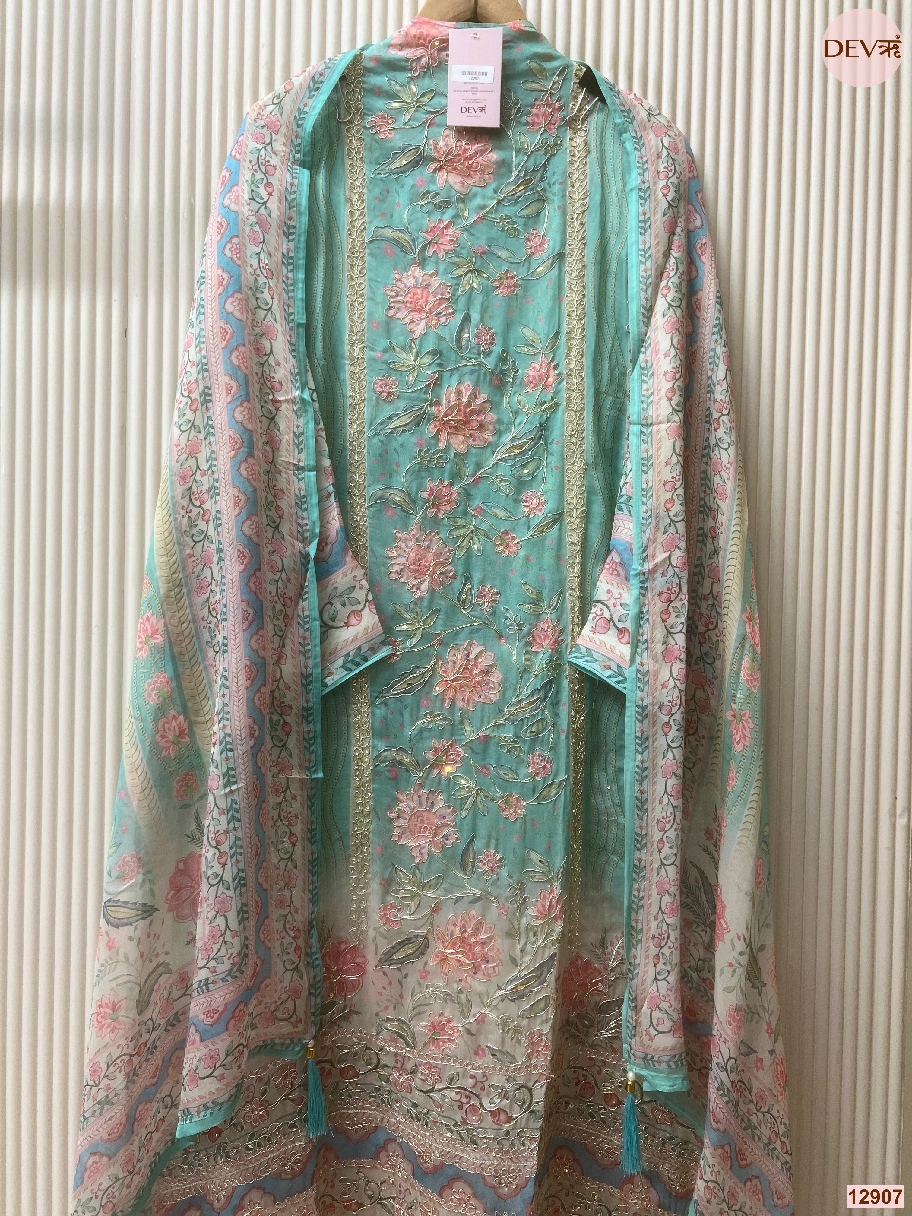 Aqua Organza Embroidered Unstitched 3-Piece Suit (Devri – D.No 12907)