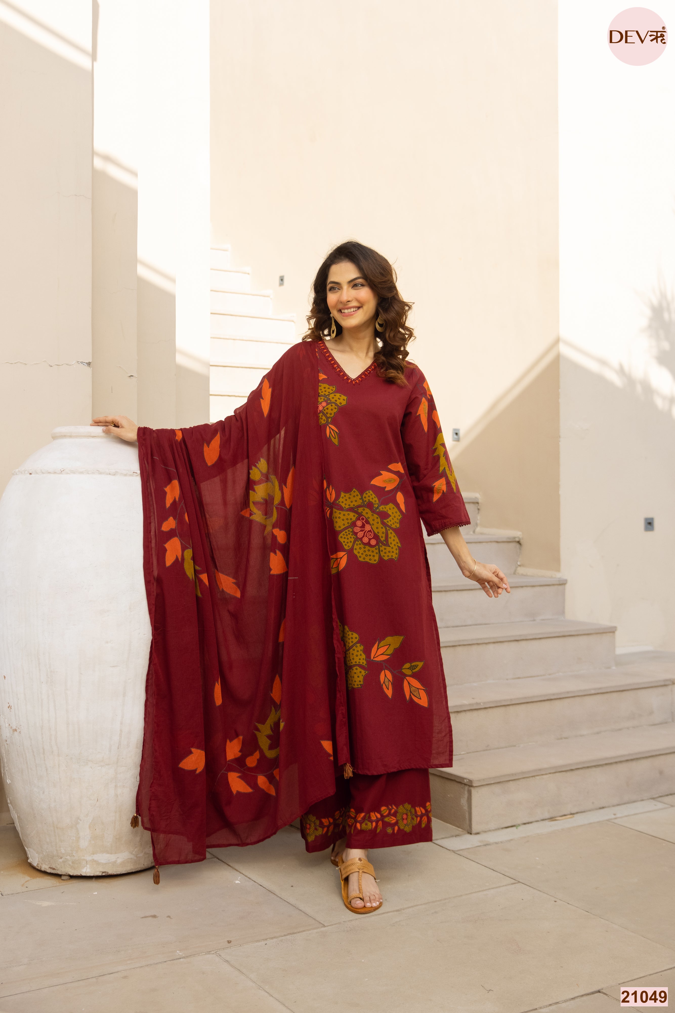 Gulnaar Cotton Slub Printed Maroon 3-Piece Set (Devri – D.No 21049)