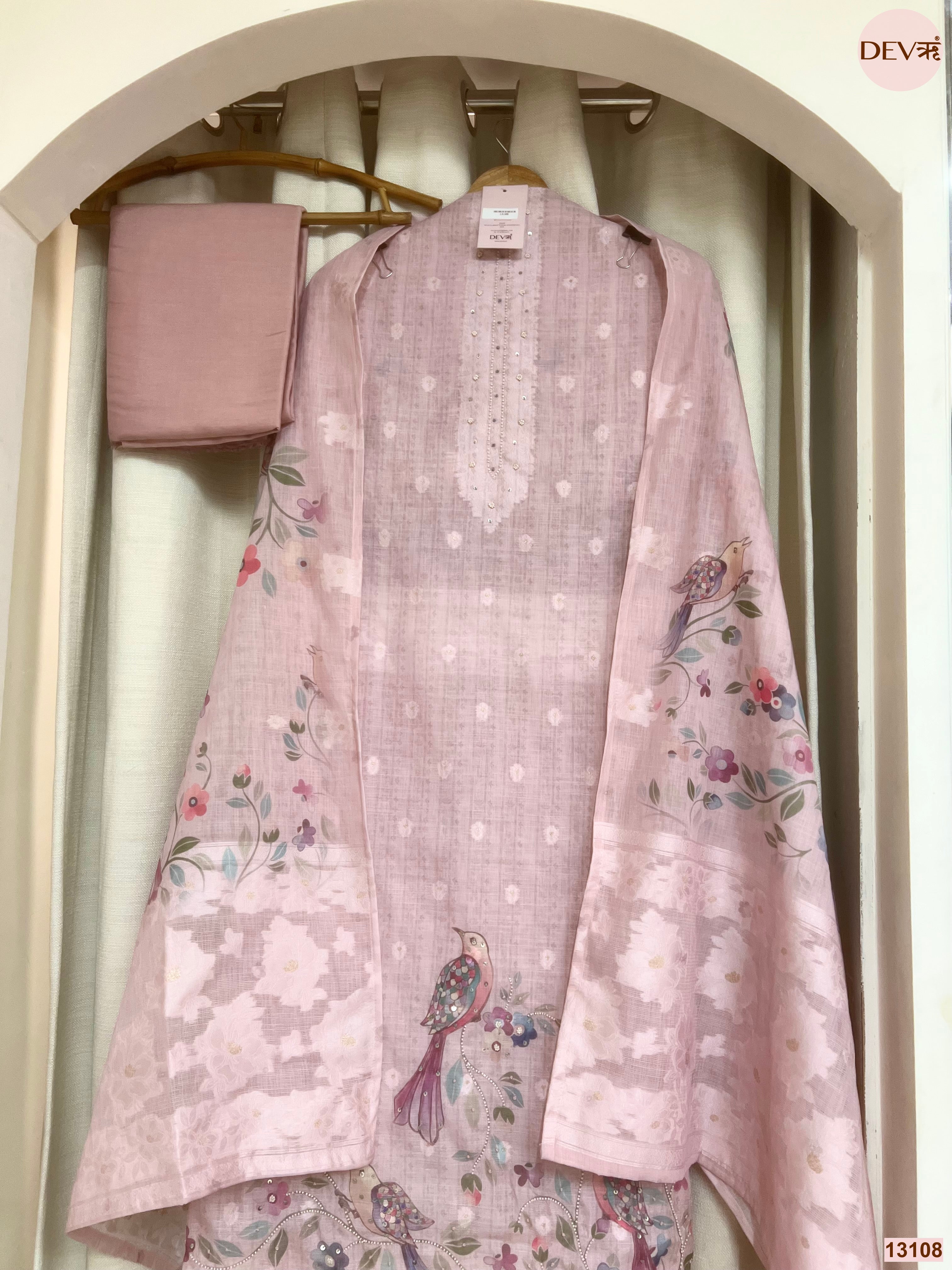 Pink Linen Cotton Printed Unstitched 3-Piece Suit (Devri – D.No 13108)