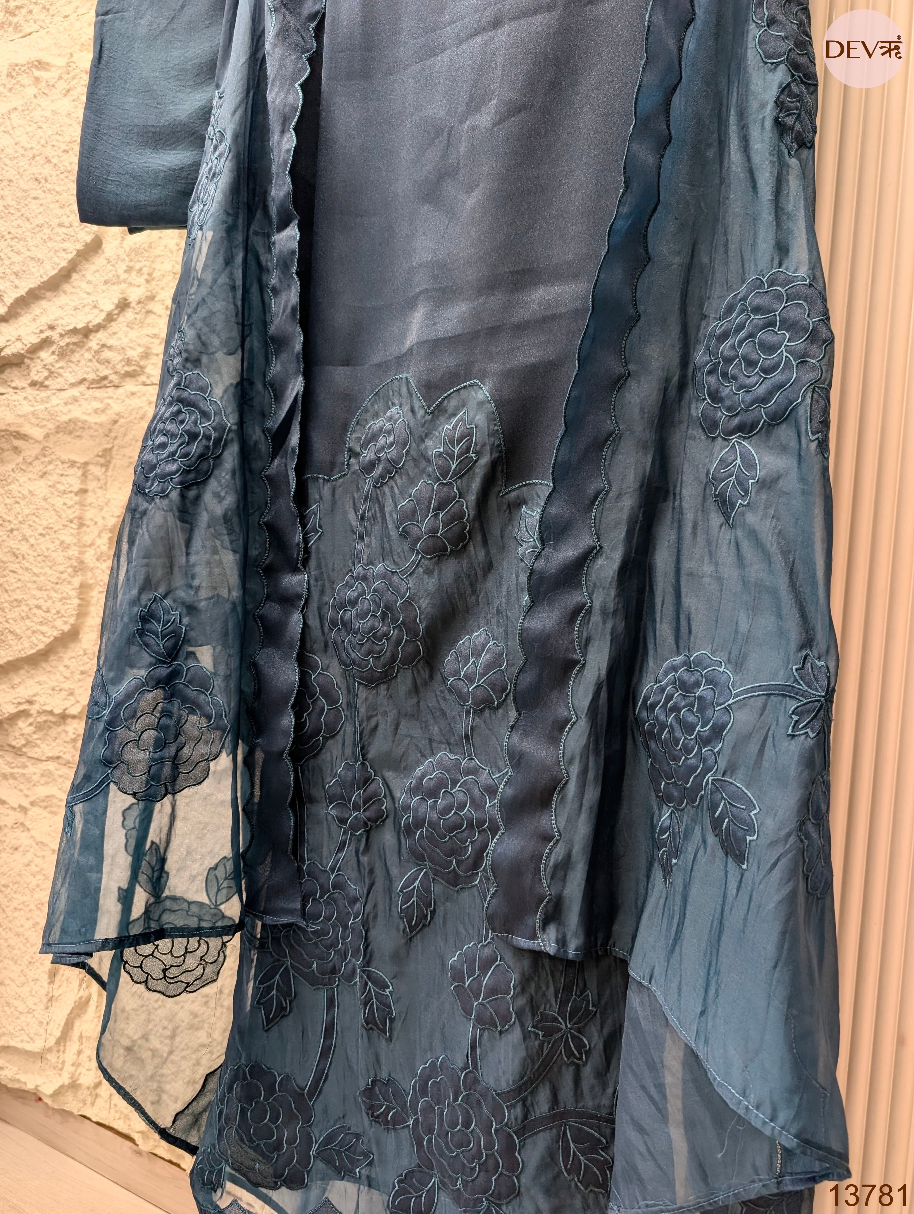 Blue Tissue Silk Blend Embroidered Unstitched 3-Piece Suit (Devri – D.No 13781)