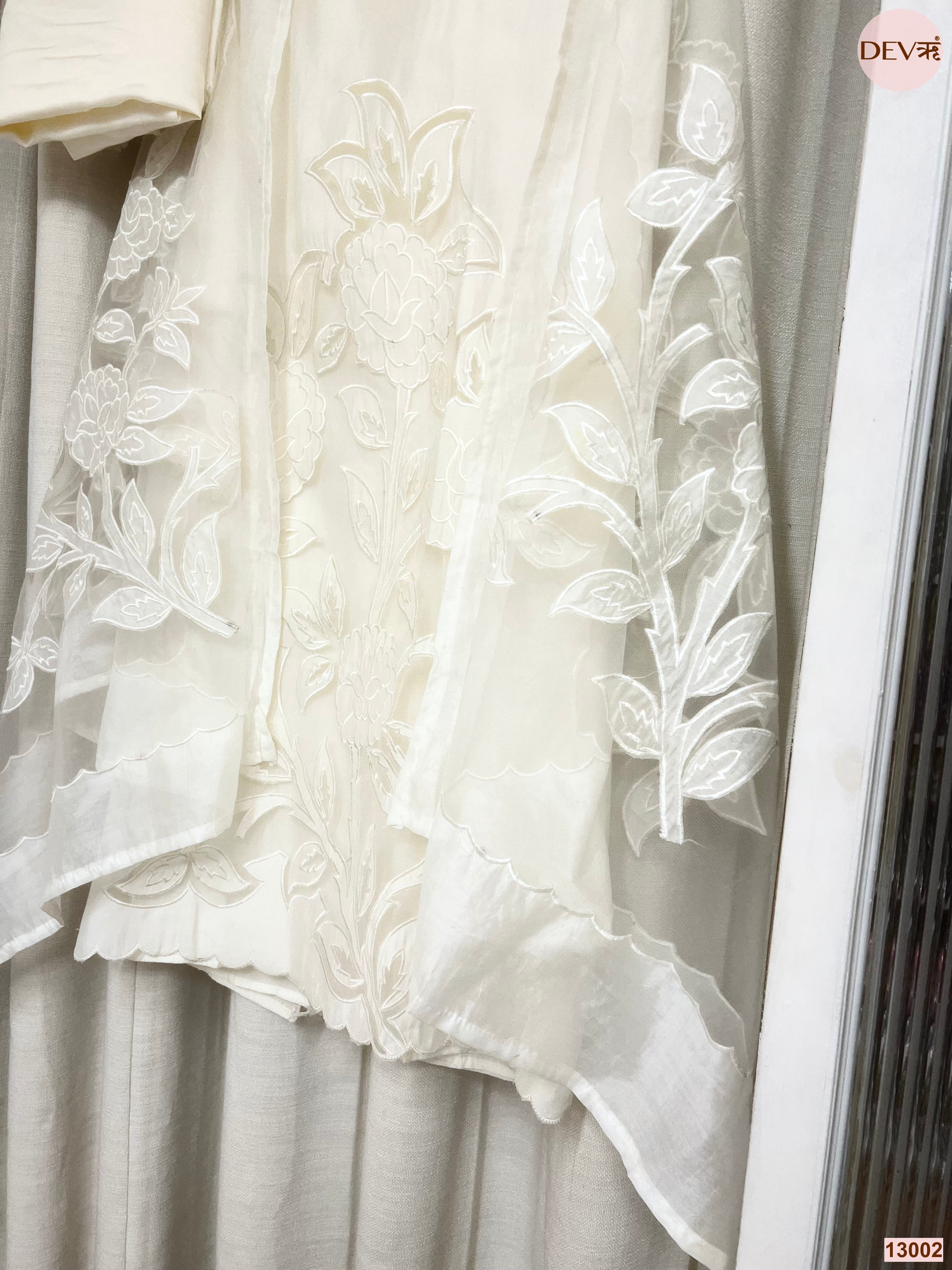 Cream Roman Silk Embroidered Unstitched 3-Piece Suit (Devri – D.No 13002)