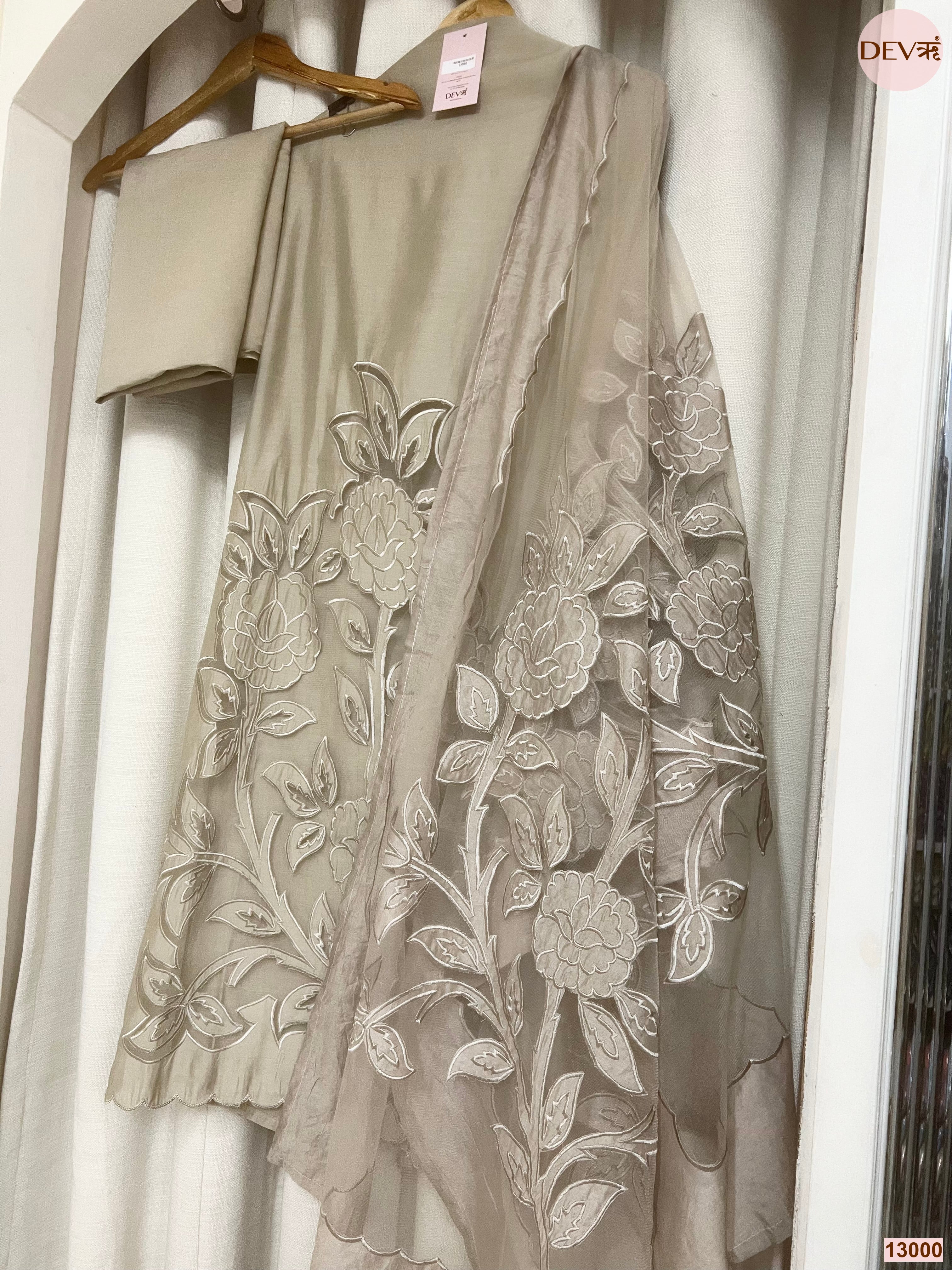 Beige Roman Silk Embroidered Unstitched 3-Piece Suit (Devri – D.No 13000)