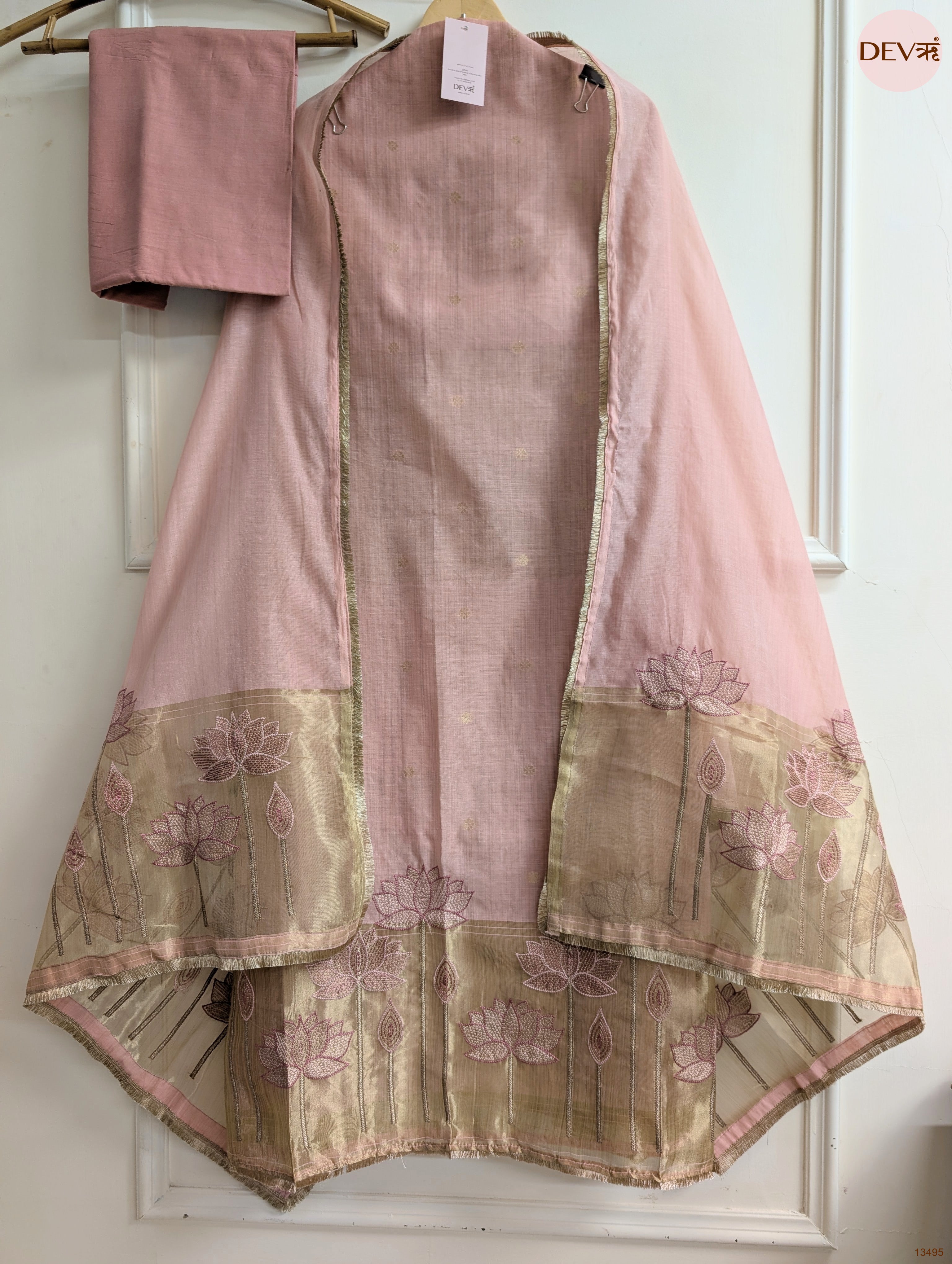 Pink Banarashi Silk Embroidered Unstitched 3-Piece Suit (Devri – D.No 13495)