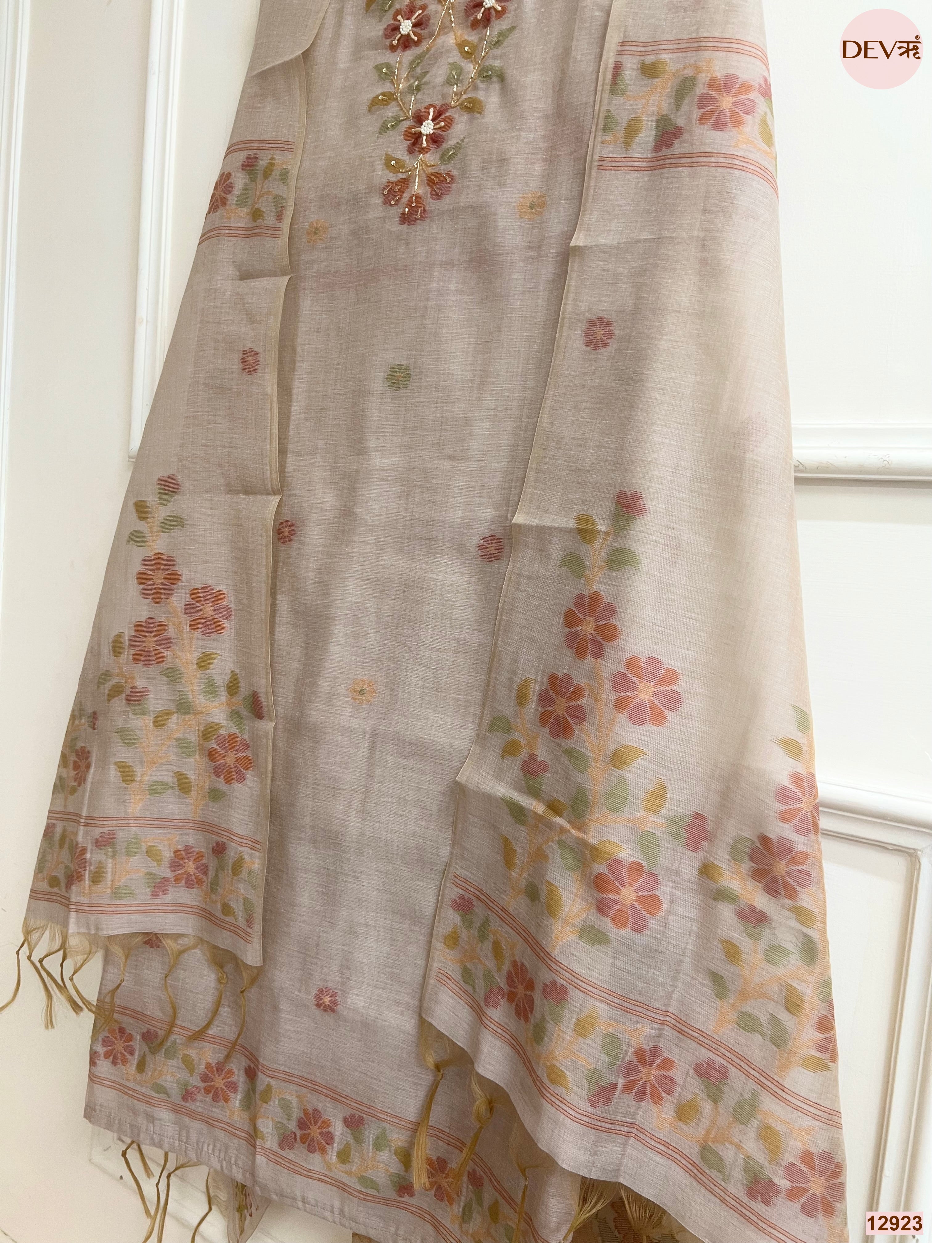 Beige Jamdani Cotton Printed Unstitched 3-Piece Suit (Devri – D.No 12923)