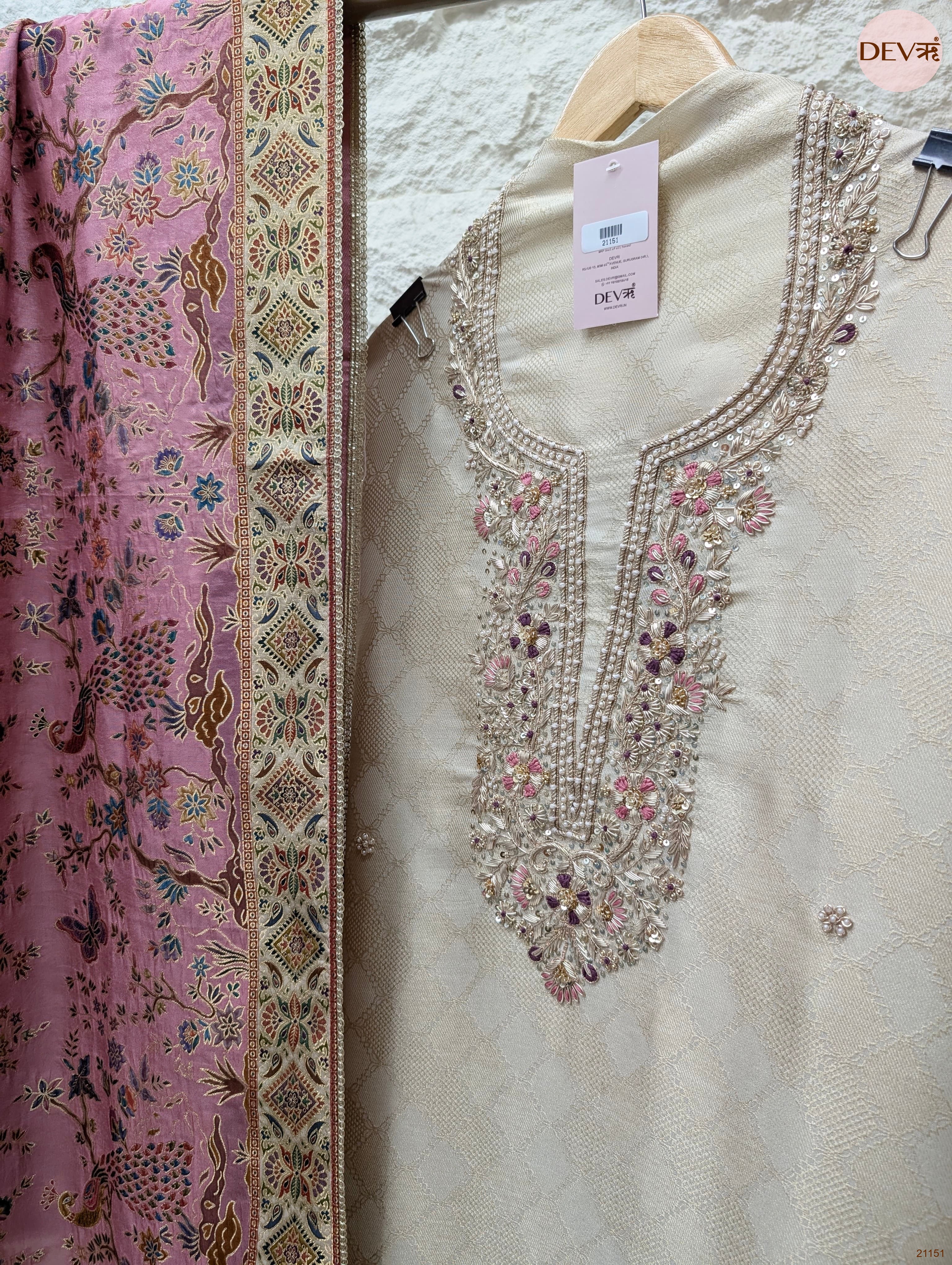 Cream Pure Banarasi Woven Silk Embroidered Unstitched 3-Piece Suit (Devri – D.No 21151)