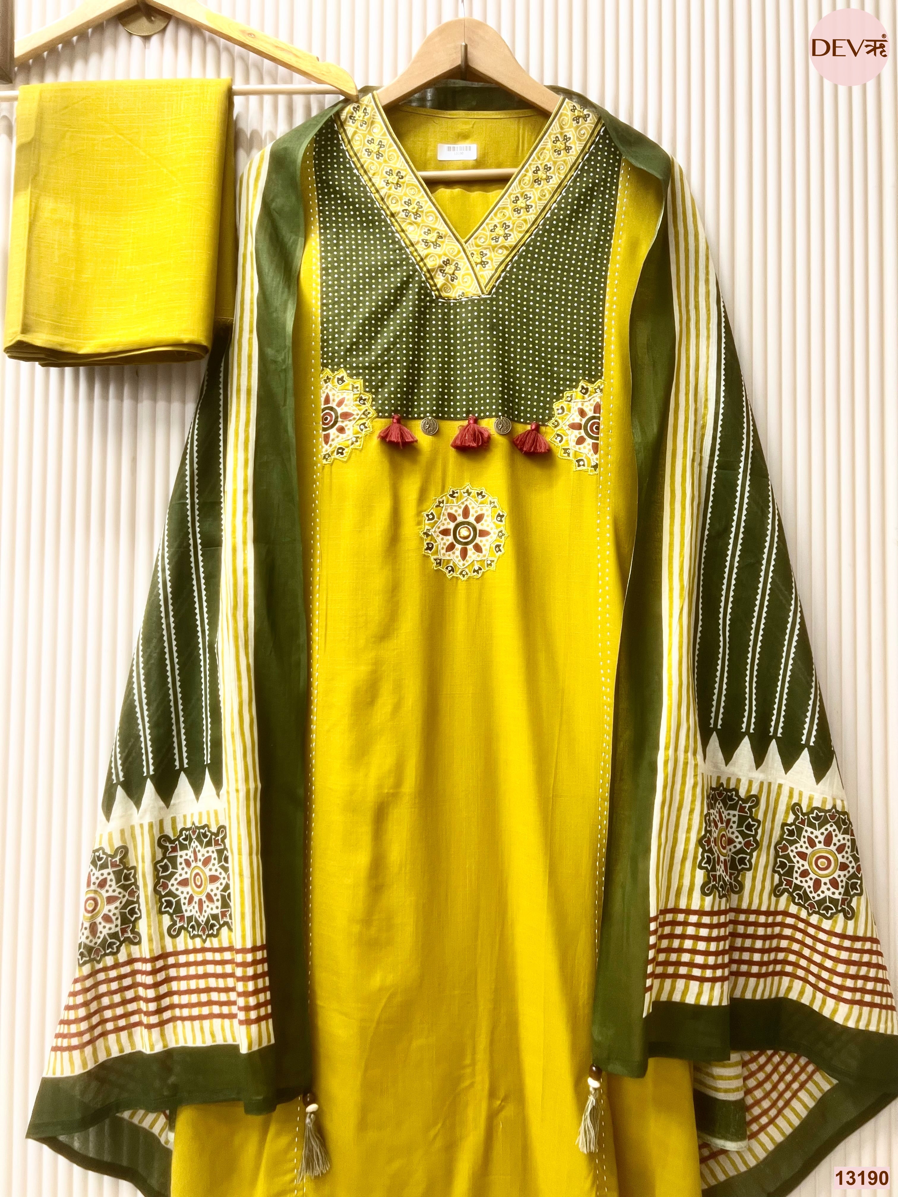 Mustard Slub Cotton Printed Unstitched 3-Piece Suit (Devri – D.No 13190)