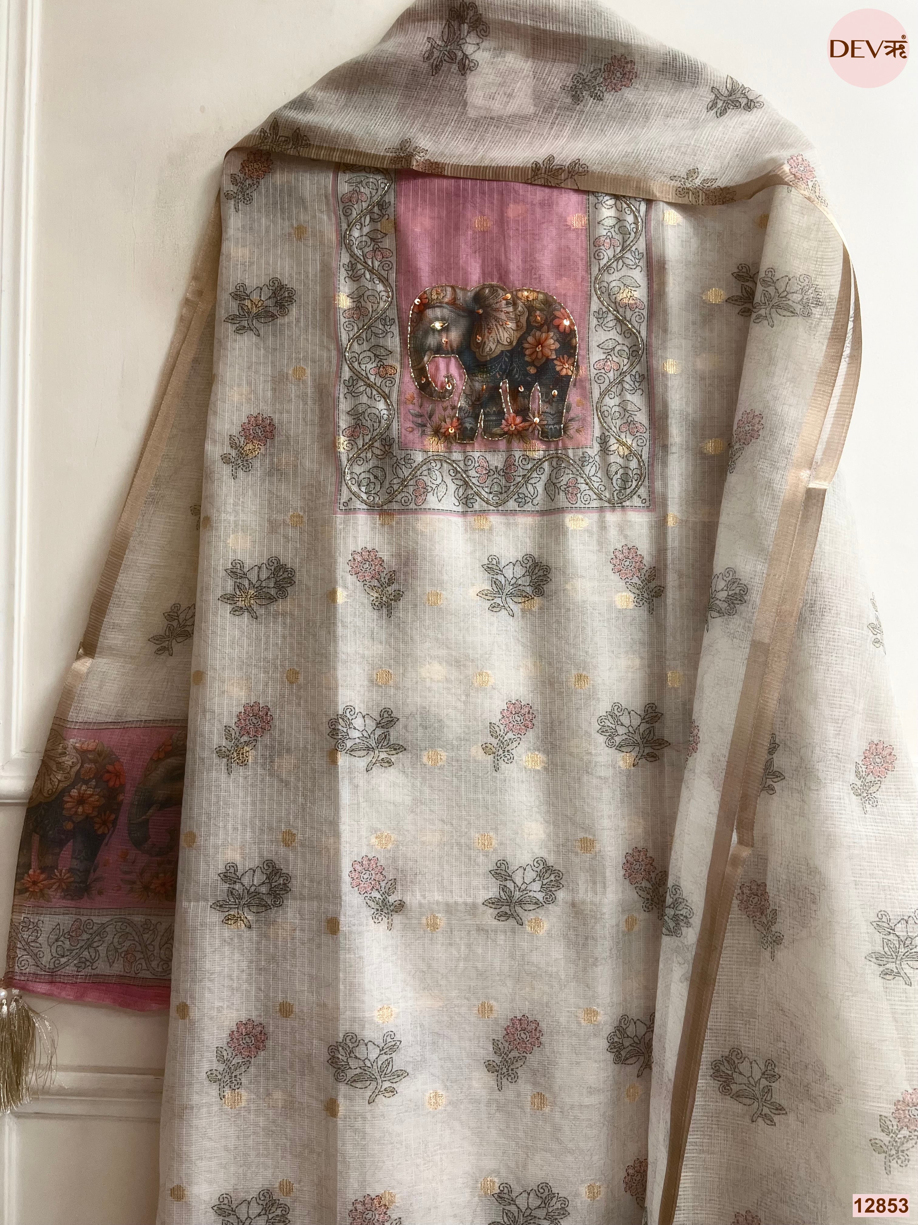 Pink Linen Cotton Printed Unstitched 3-Piece Suit (Devri – D.No 12853)