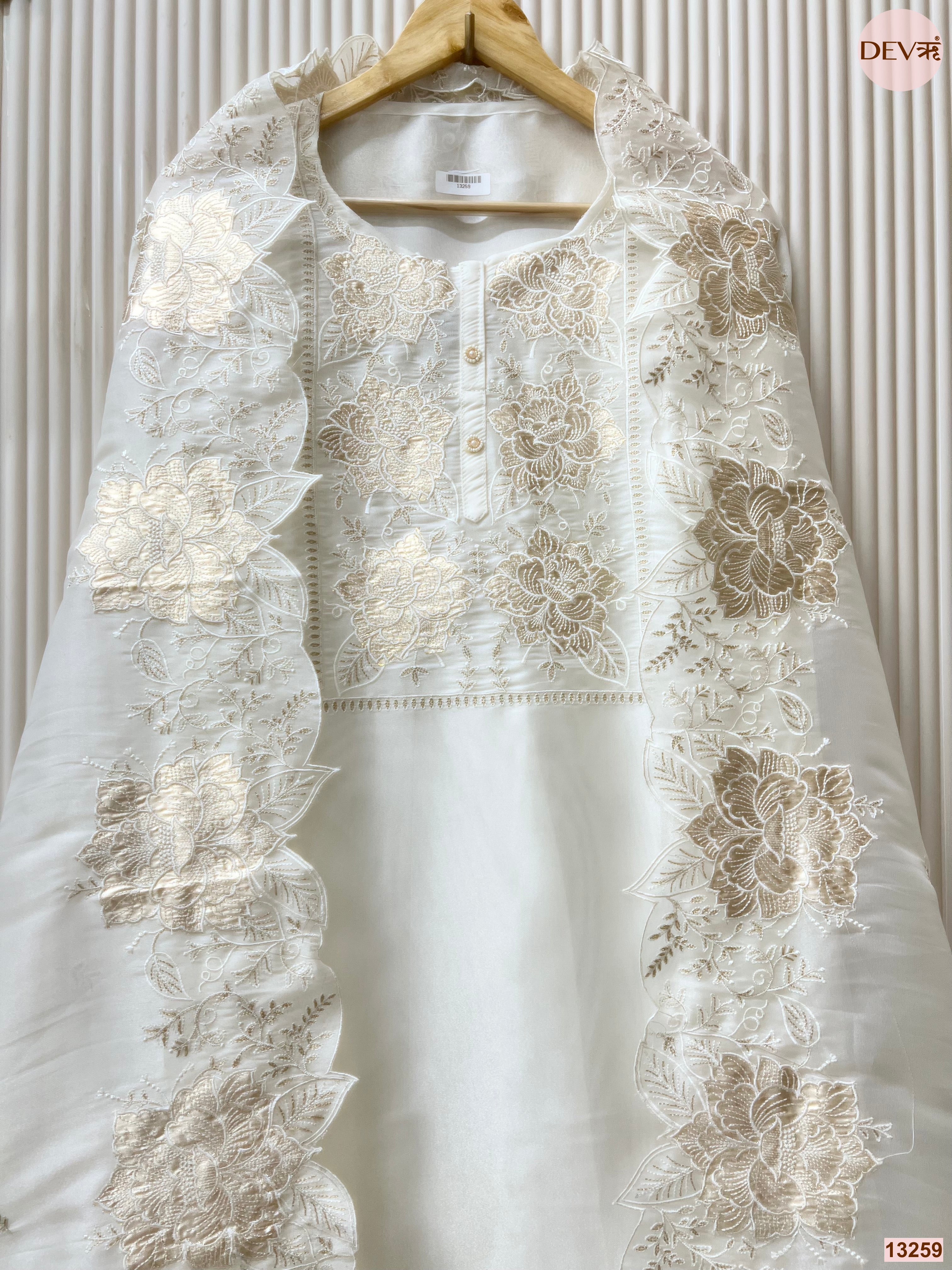 Off White Tissue Shimmer Silk Embroidered Unstitched 3-Piece Suit (Devri – D.No 13259)