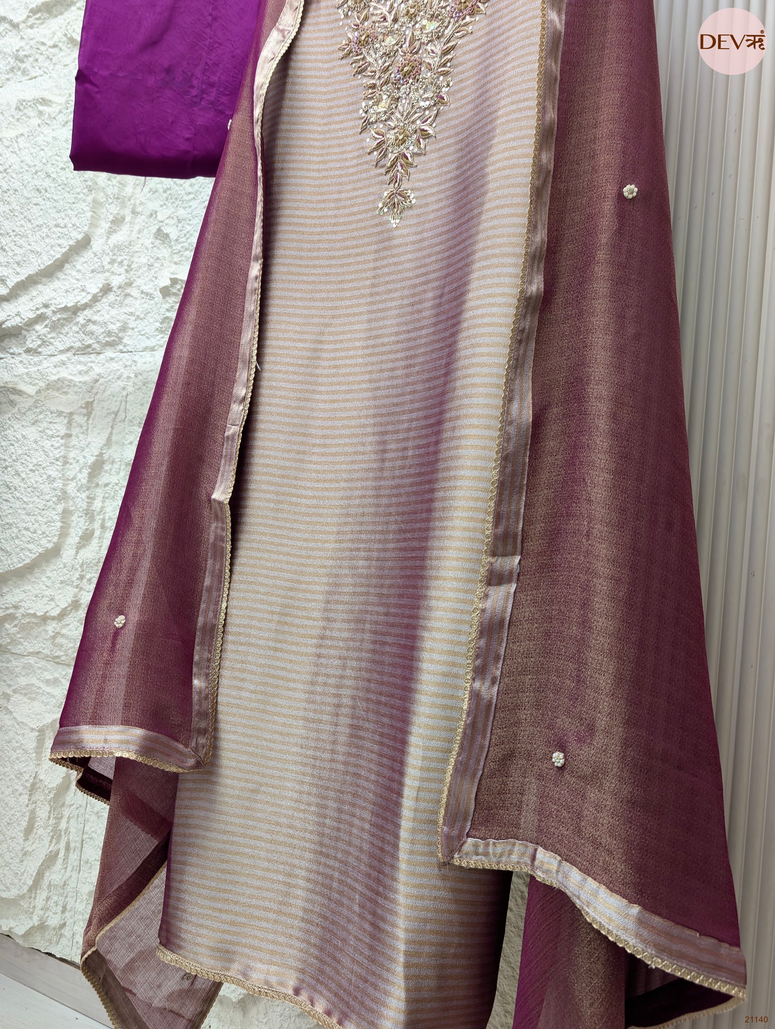 Gold Pure Tissue Silk Embroidered Unstitched 3-Piece Suit (Devri – D.No 21140)
