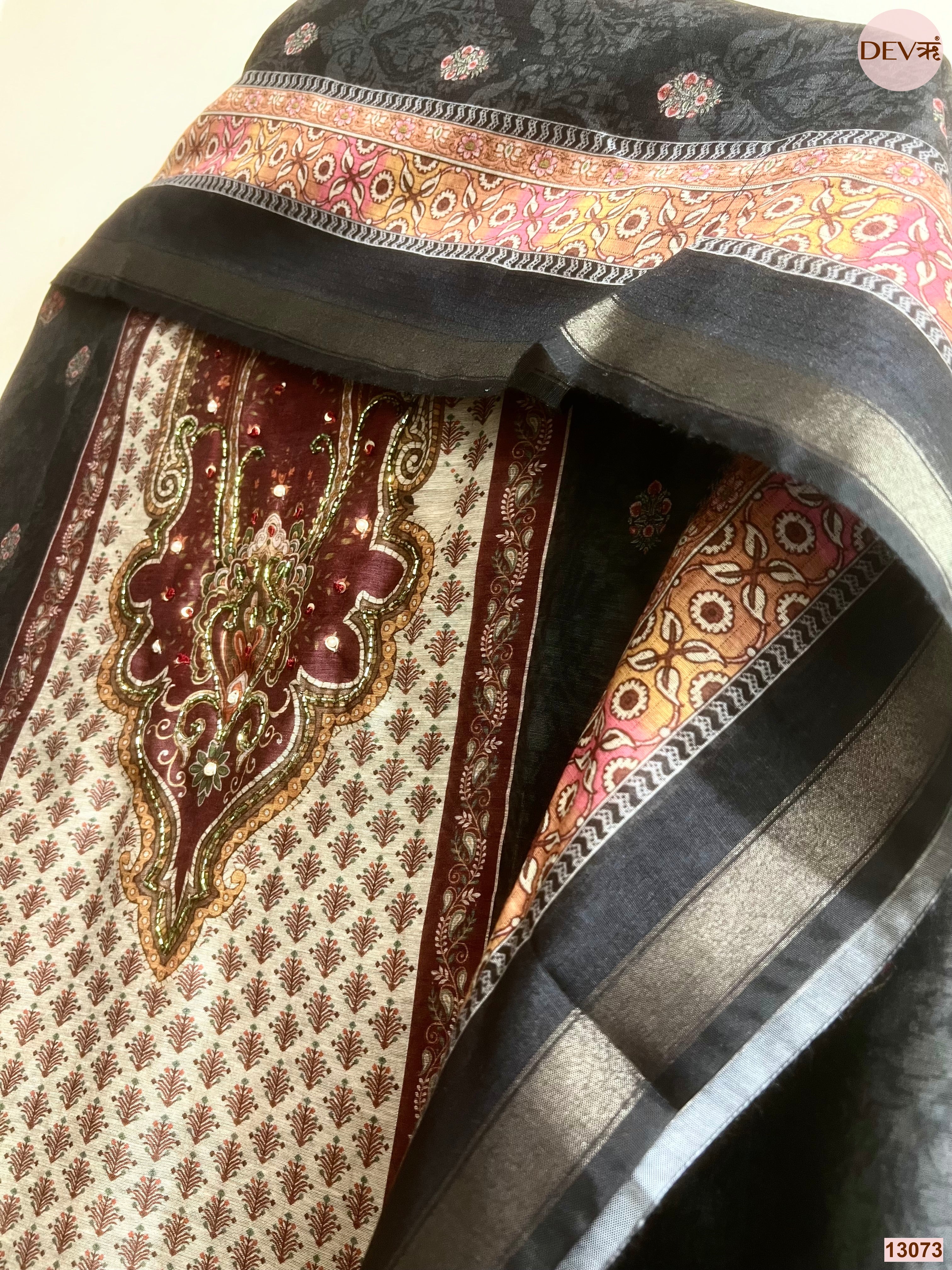 Black Linen Cotton Printed Unstitched 3-Piece Suit (Devri – D.No 13073)