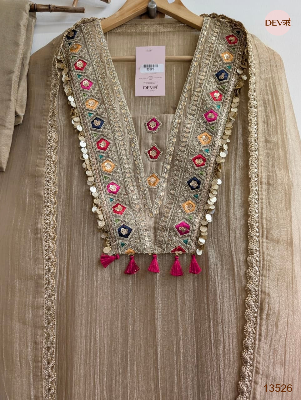 Beige Tissue Crush silk Embroidered Unstitched 3-Piece Suit (Devri – D.No 13526)