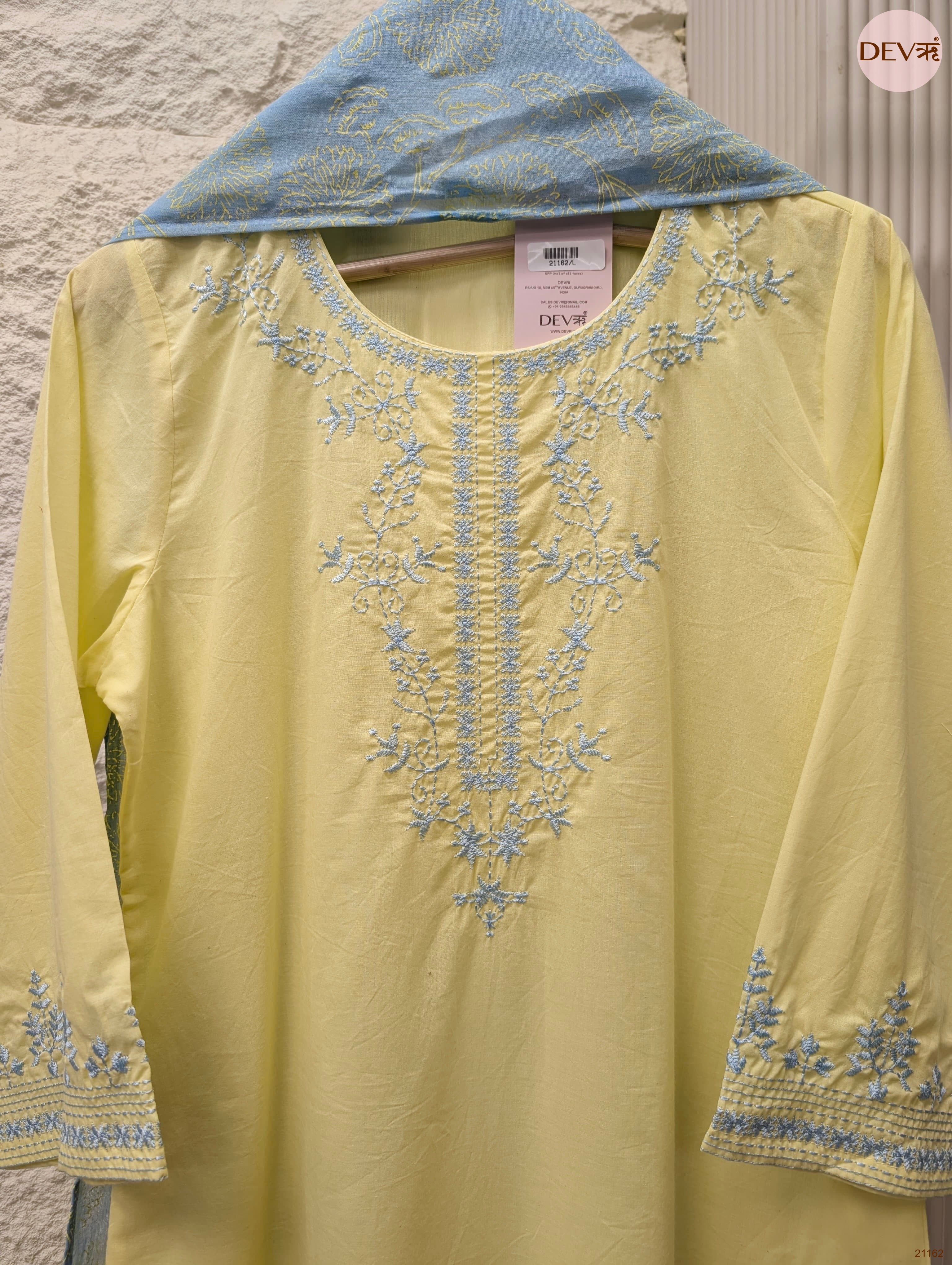 Gulnaar Mul Cotton Embroidered Yellow 3-Piece Set (Devri – D.No 21162)
