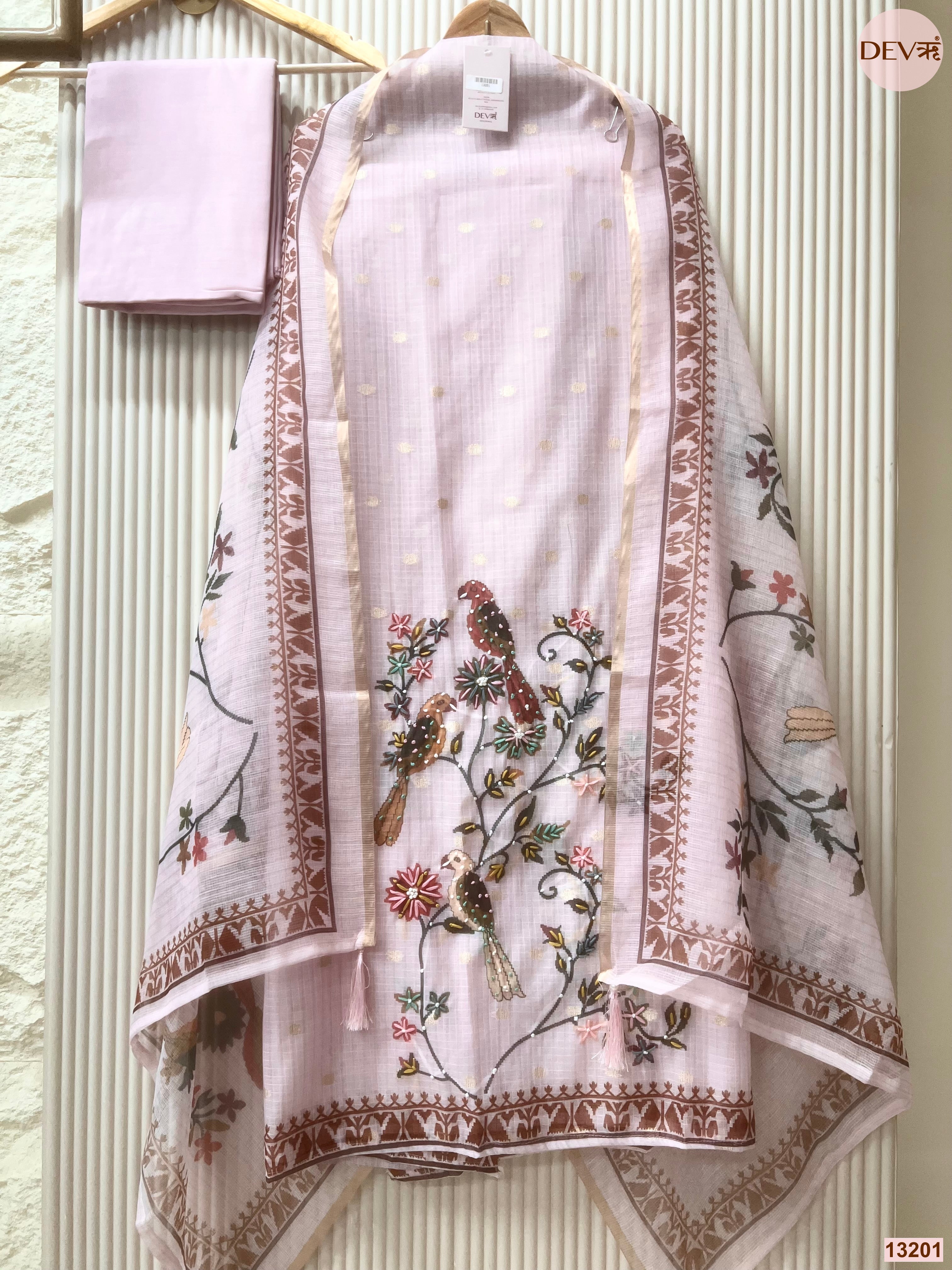 Lavender Kota Embroidered Unstitched 3-Piece Suit (Devri – D.No 13201)