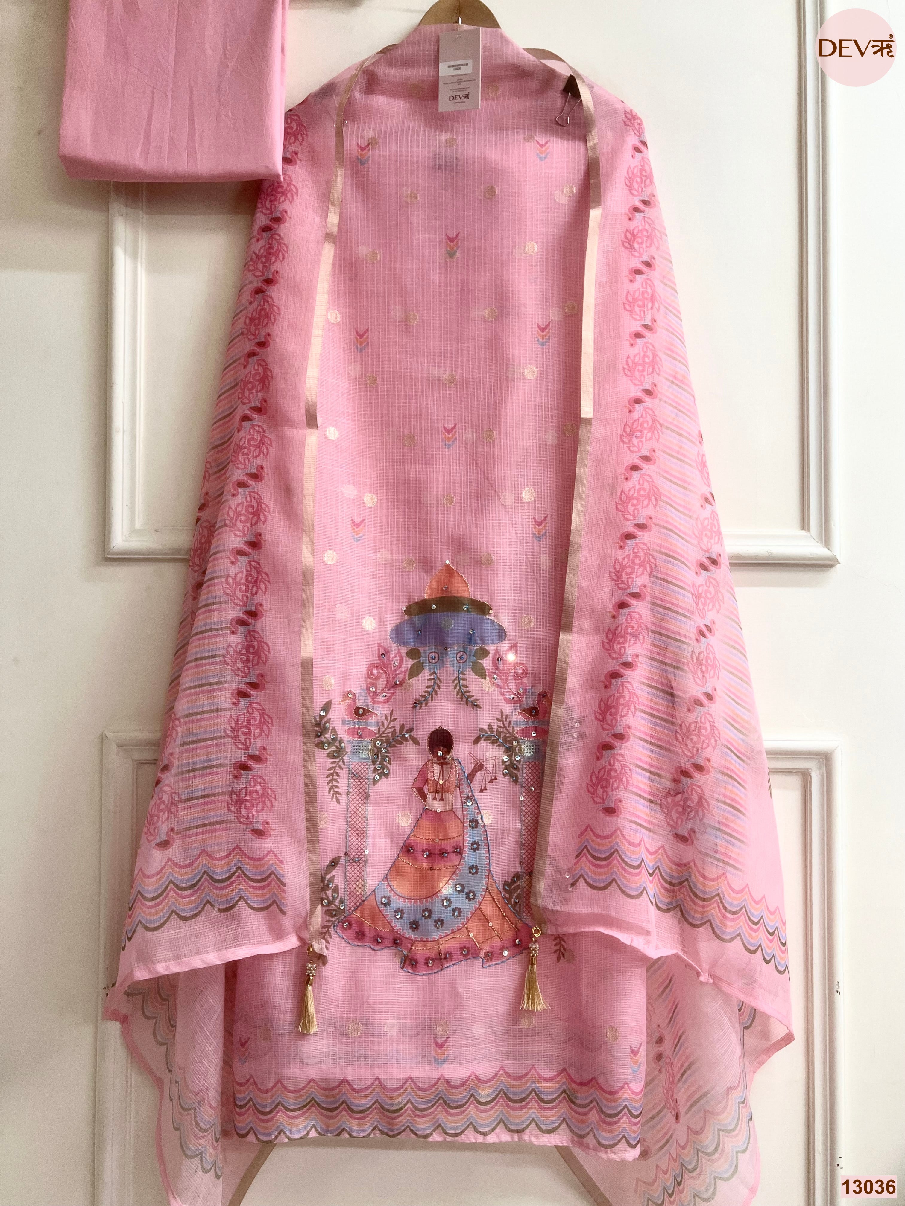 Pink Kota Zari Printed Unstitched 3-Piece Suit (Devri – D.No 13036)