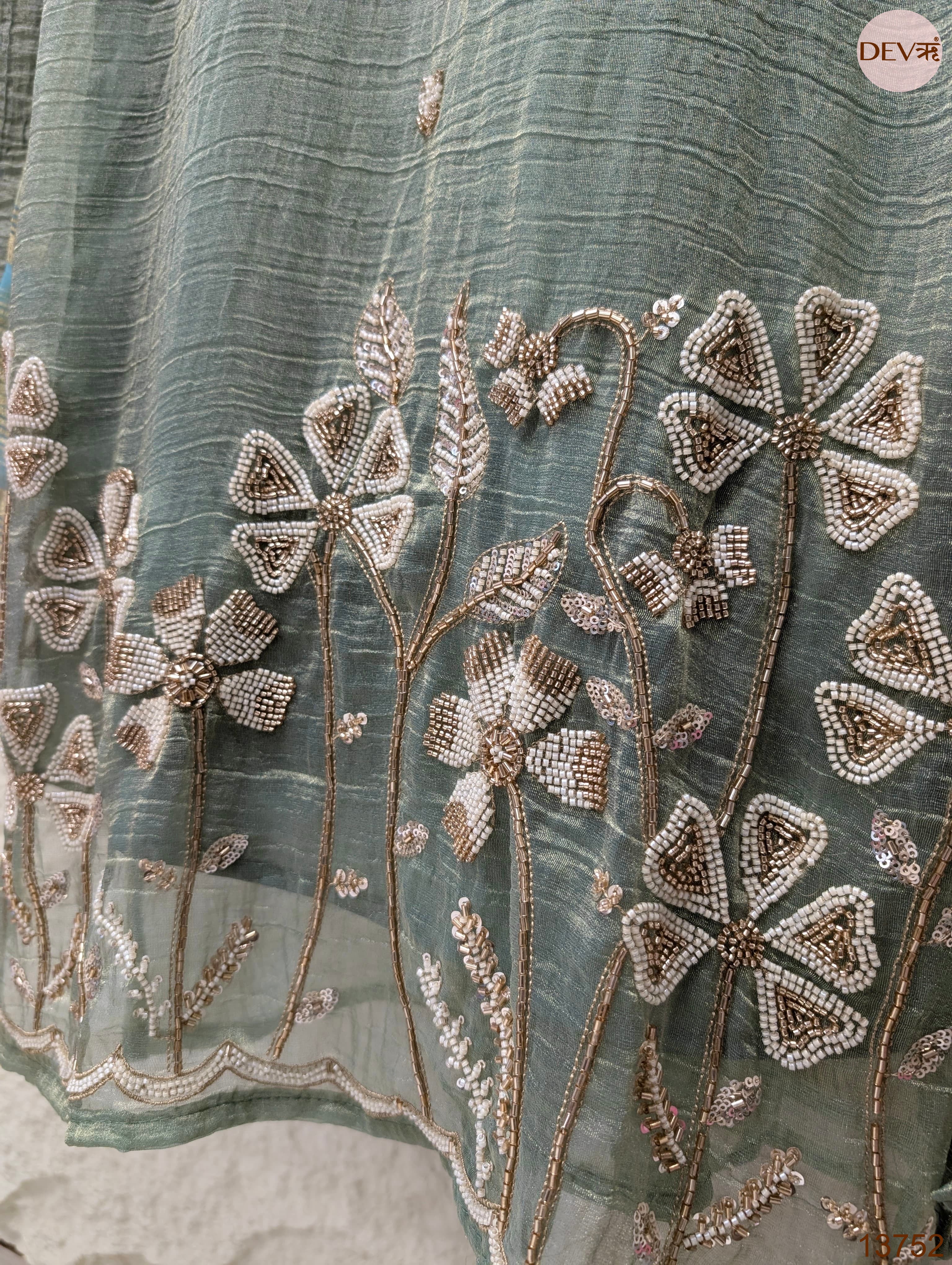 Gulnaar Tissue silk Embroidered Sage Green 3-Piece Set (Devri – D.No 13752)
