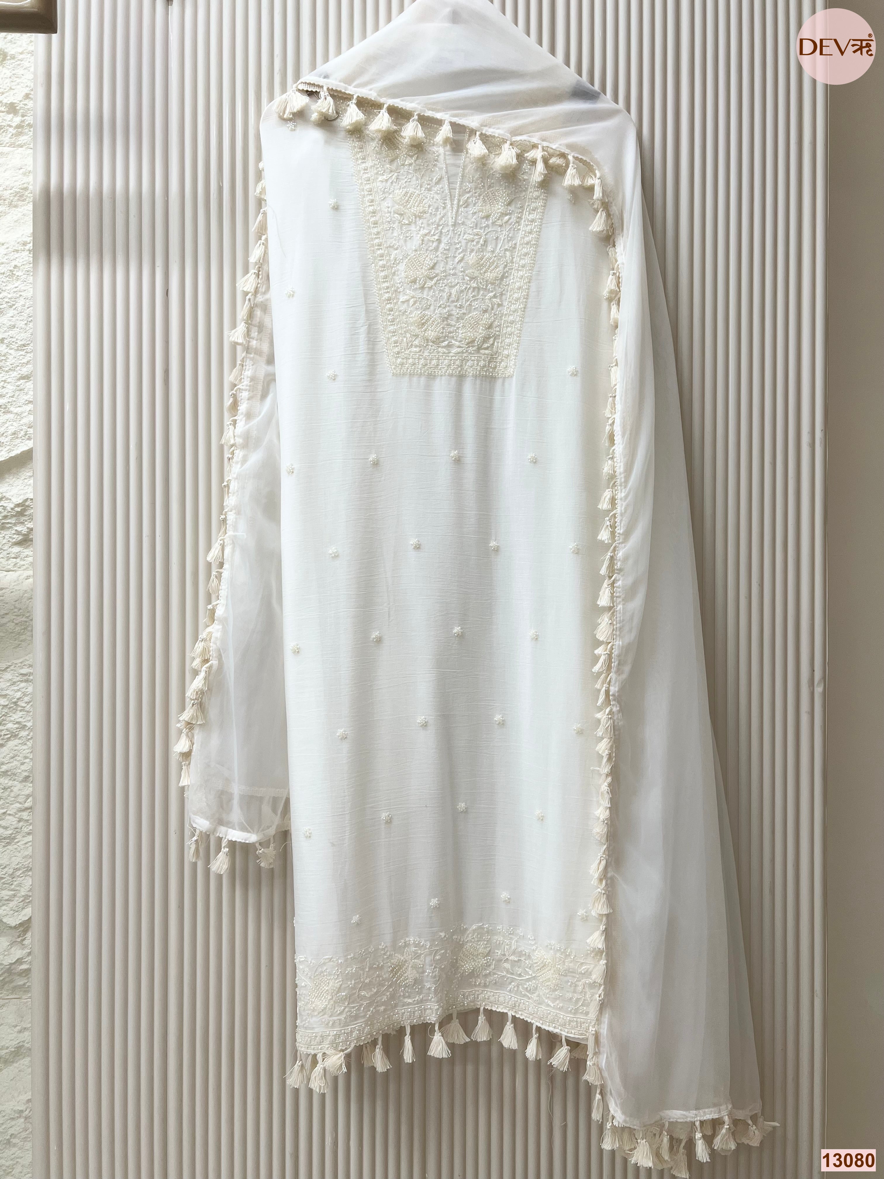 White Mul Cotton Embroidered Unstitched 3-Piece Suit (Devri – D.No 13080)