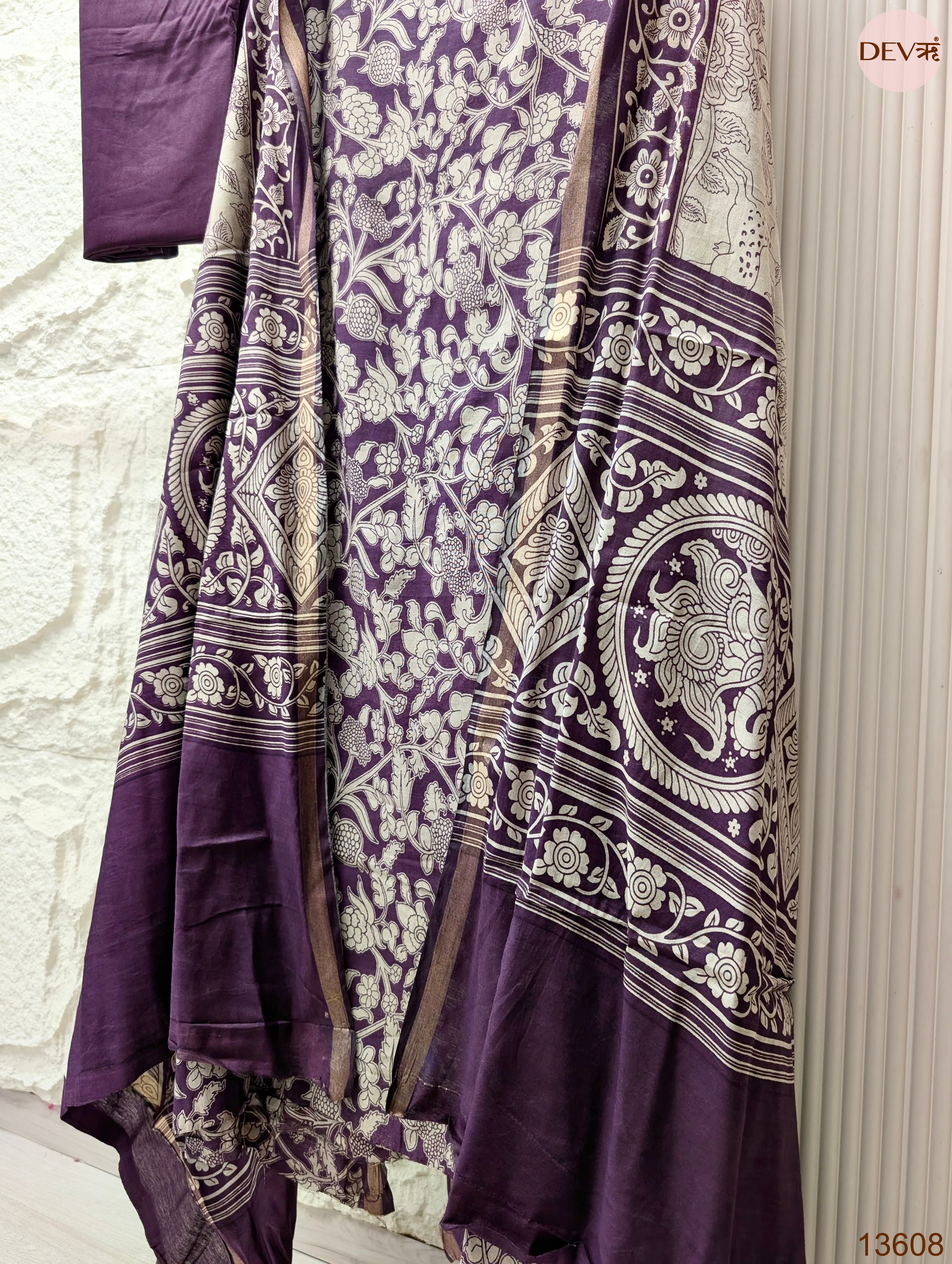 Purple Maheshwari Silk Printed Unstitched 3-Piece Suit (Devri – D.No 13608)