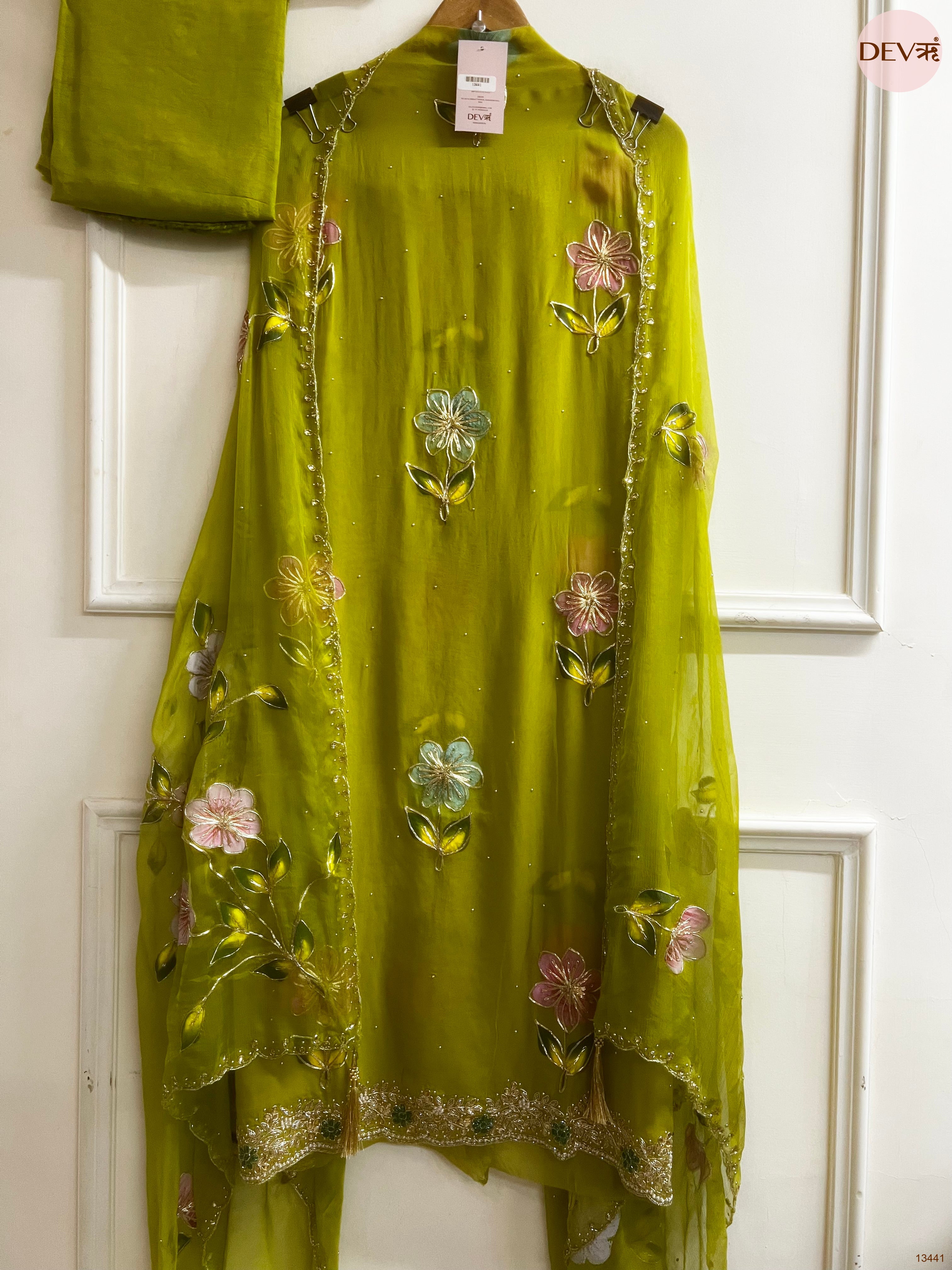 Olive viscose organza Embroidered Unstitched 3-Piece Suit (Devri – D.No 13441)