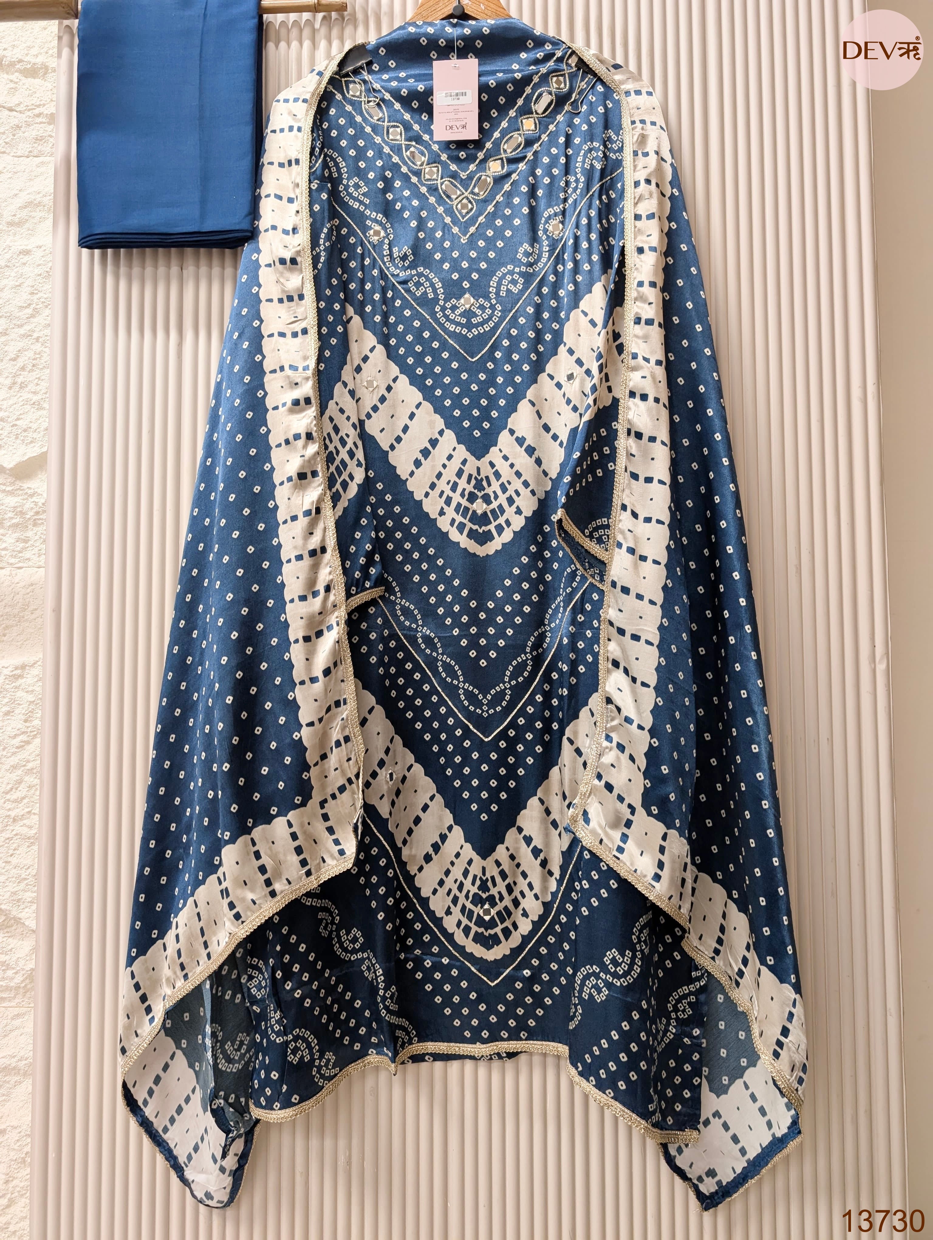 Blue Gajji Silk Printed Unstitched 3-Piece Suit (Devri – D.No 13730)