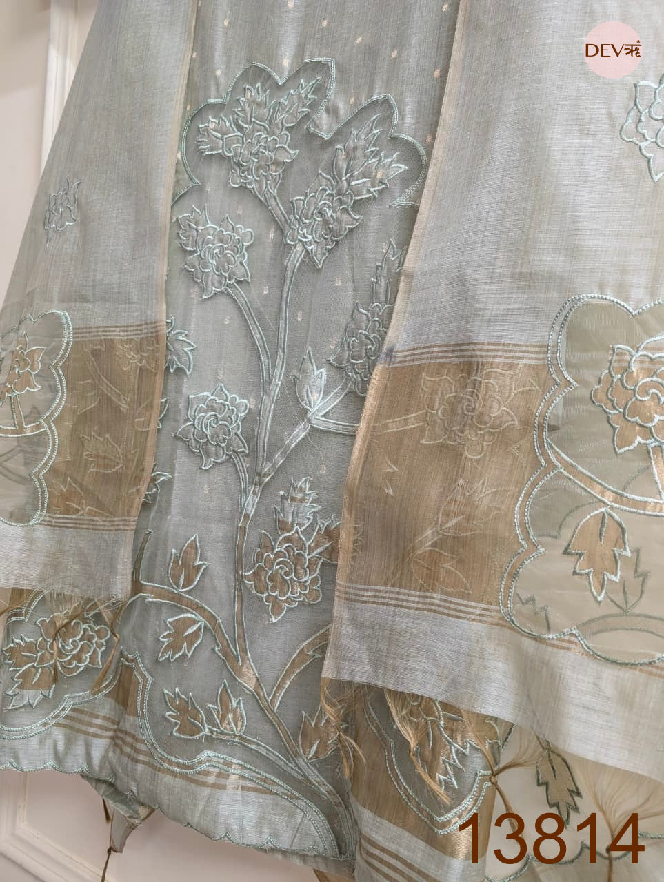Sage Mul Chanderi Embroidered Unstitched 3-Piece Suit (Devri – D.No 13814)