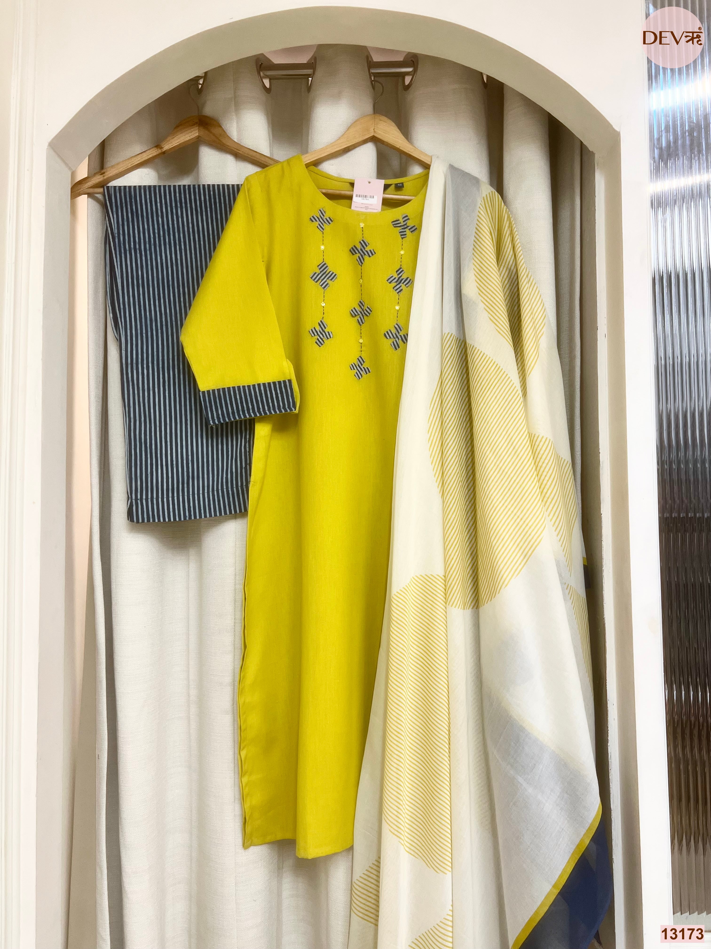 Ruhani Pure Cotton Embroidered Yellow 3-Piece Set (Devri – D.No 13173)