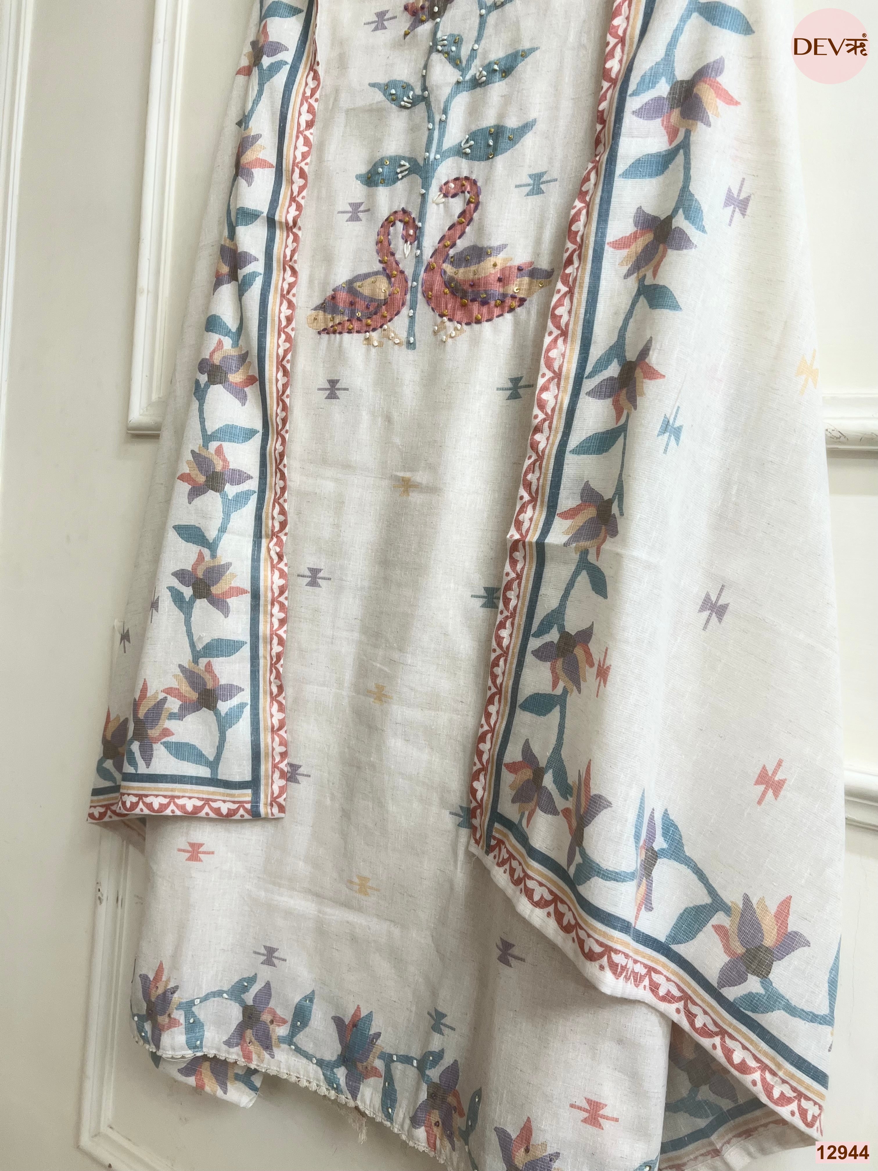 Off White Cotton Khadi Printed Unstitched 3-Piece Suit (Devri – D.No 12944)